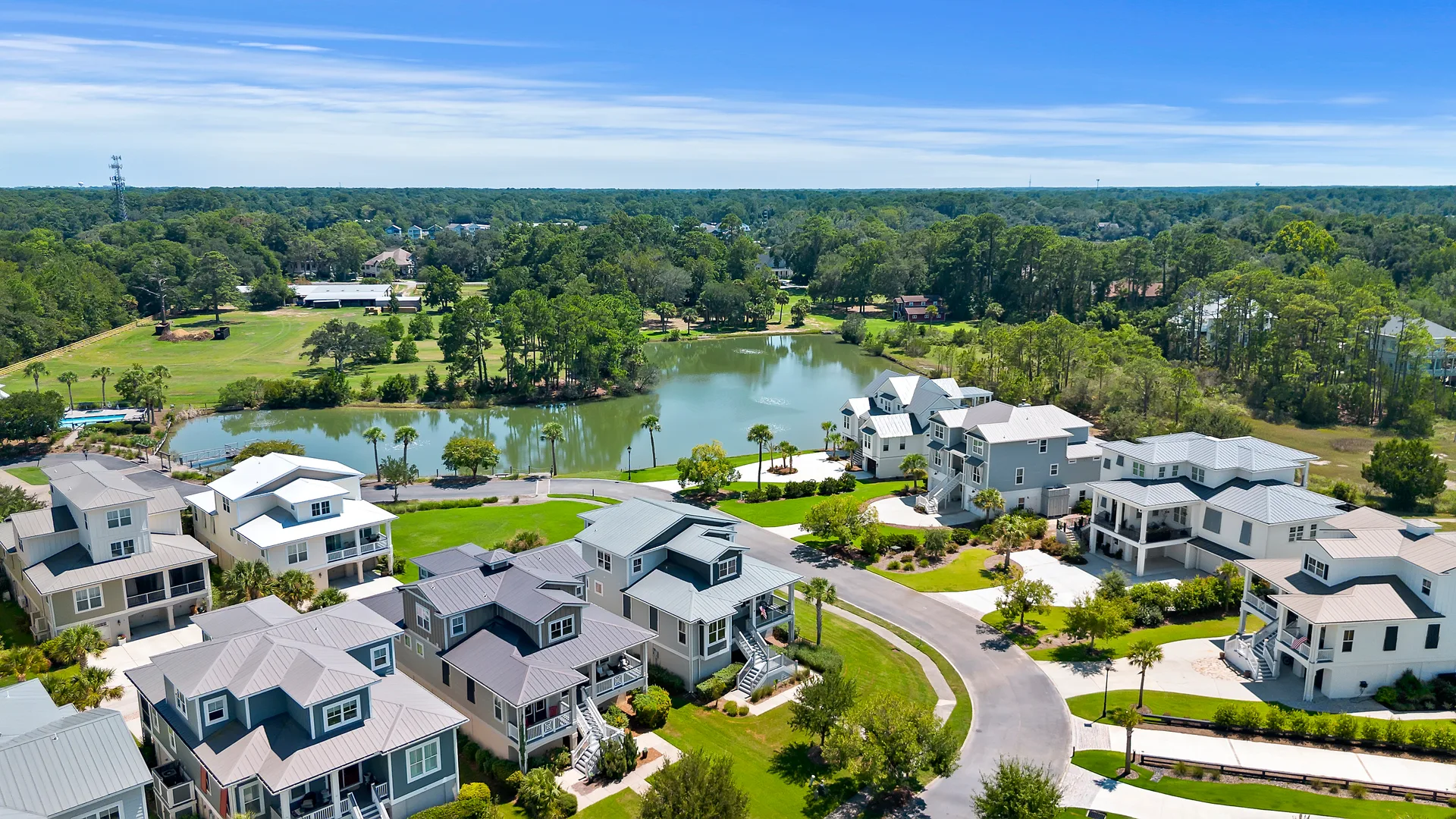 Neighborhood Aerial over Lake Russell at 32 Hackney Pony Lane, Hilton Head Island SC