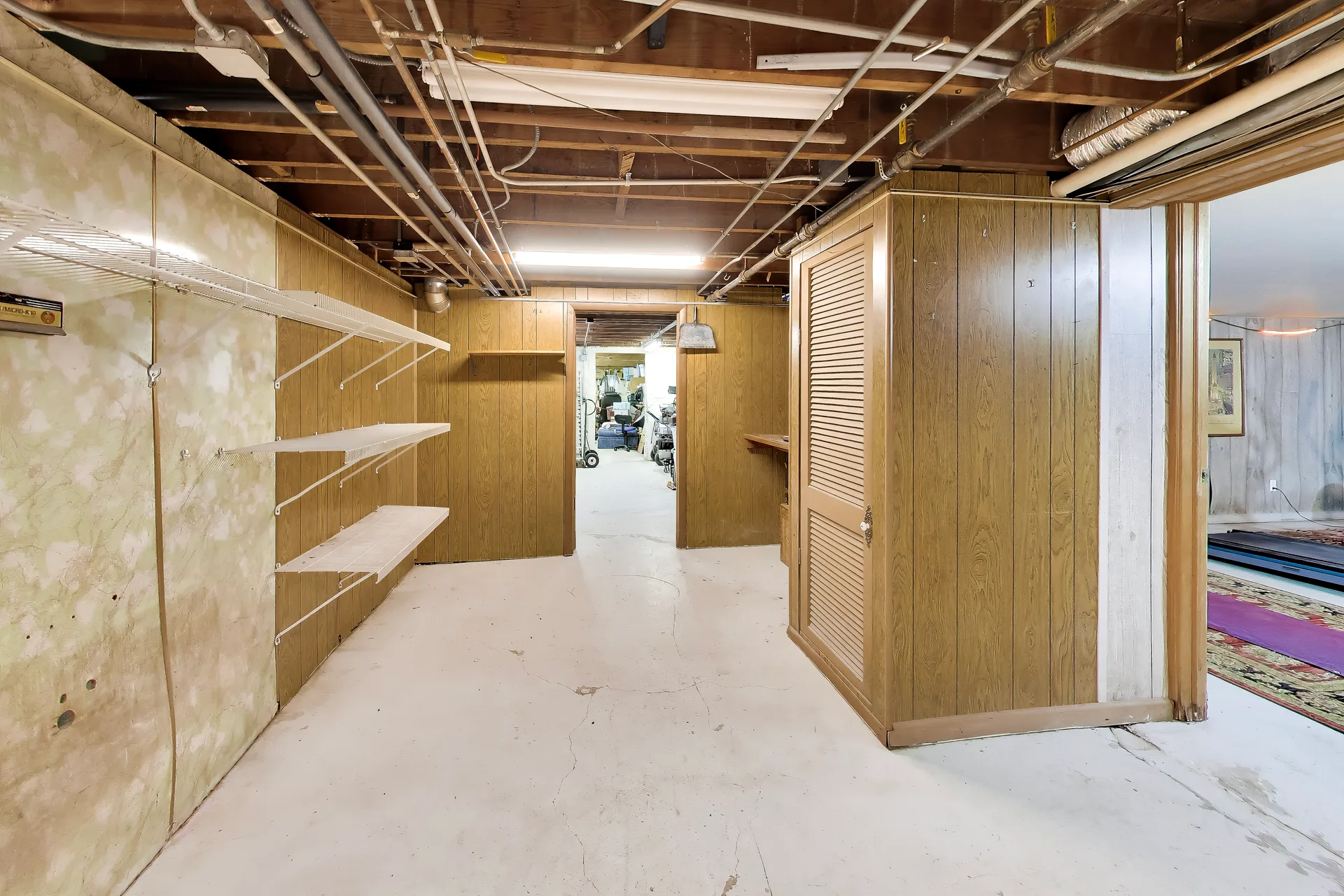 Basement storage with shelving and utility wall