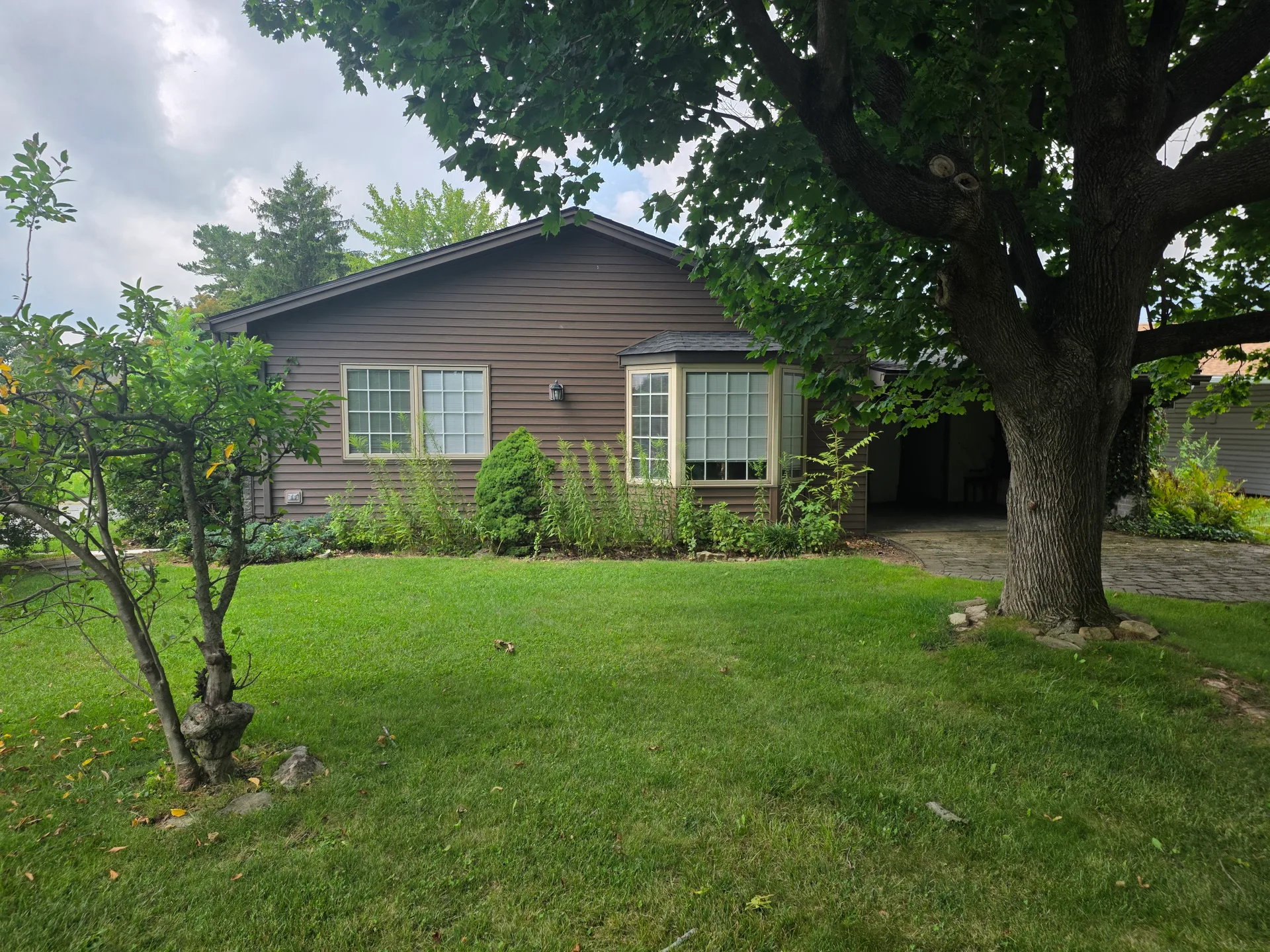 Front exterior view with bay window, flagstone driveway, and mature tree