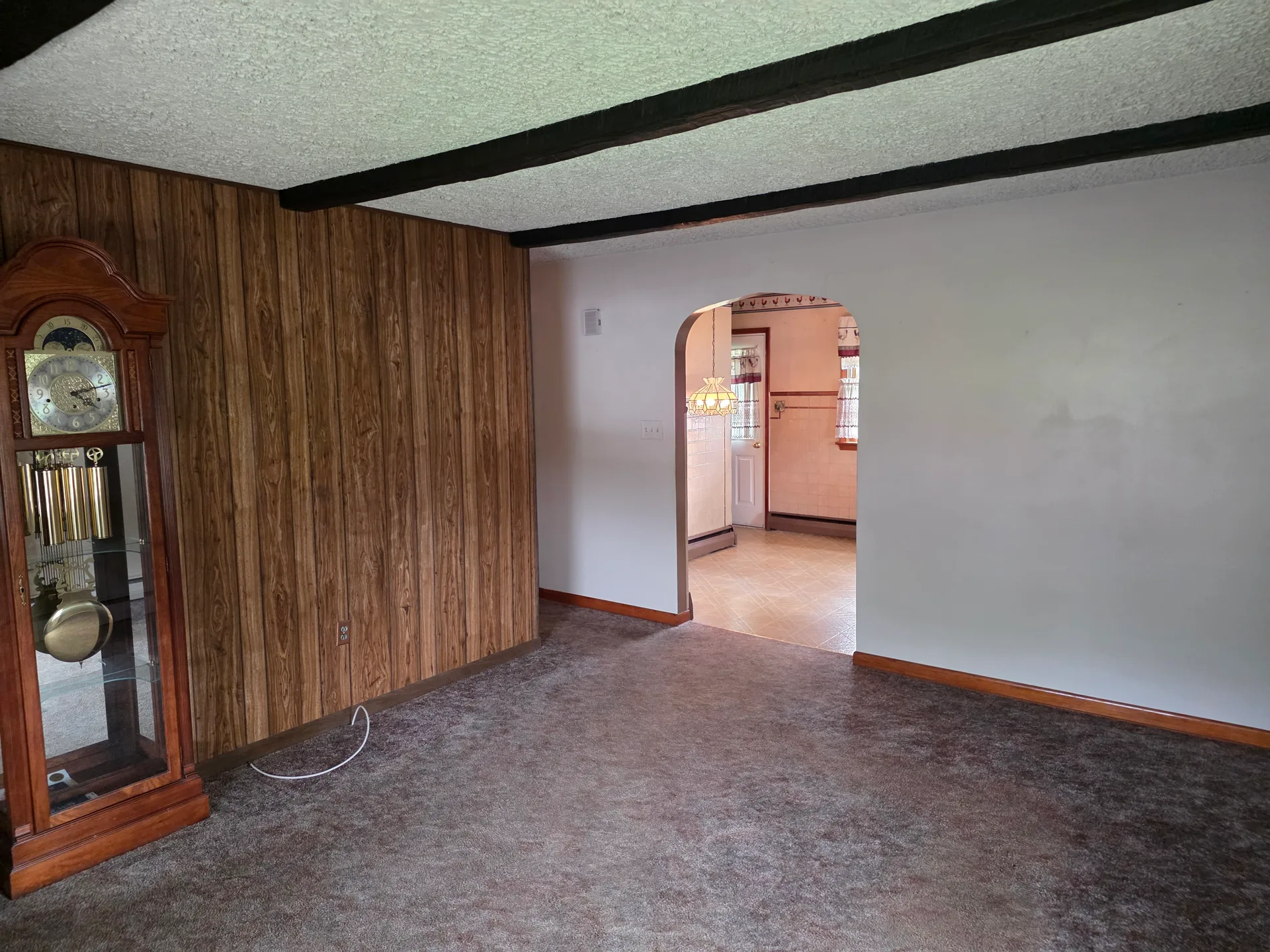 Living room with wood paneling and view into dining area
