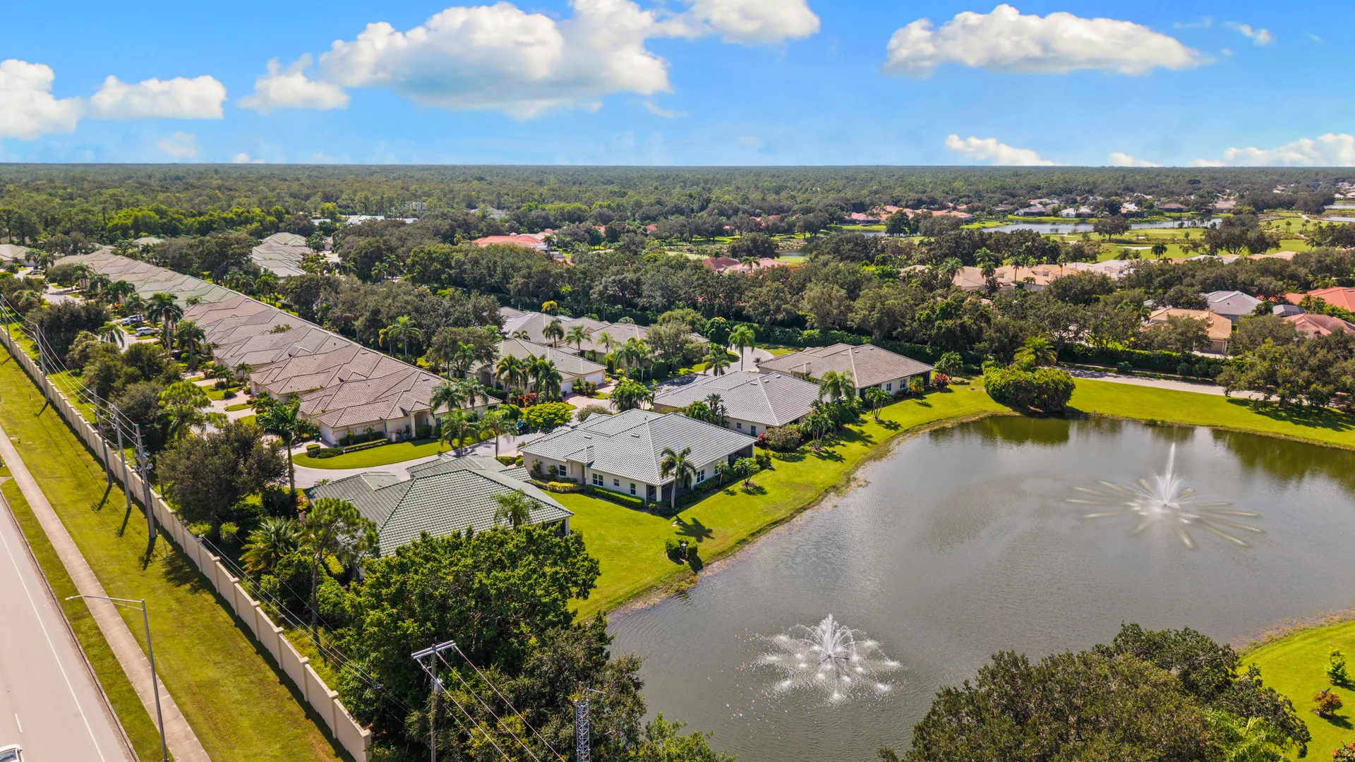 High-altitude shot of lakes and residential community