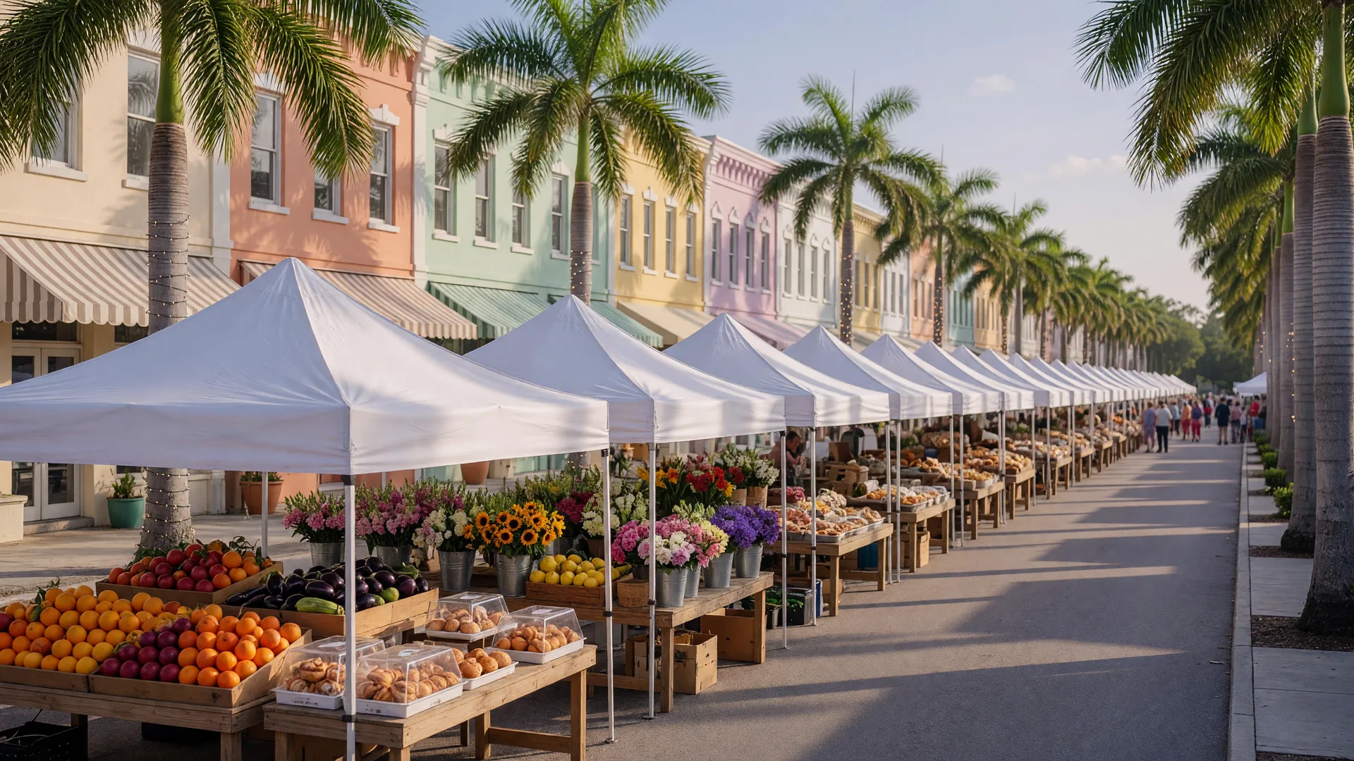 A Saturday morning farmers market on a palm-lined street in Old Naples with white vendor tents, crates of produce, and cut flowers on wooden tables