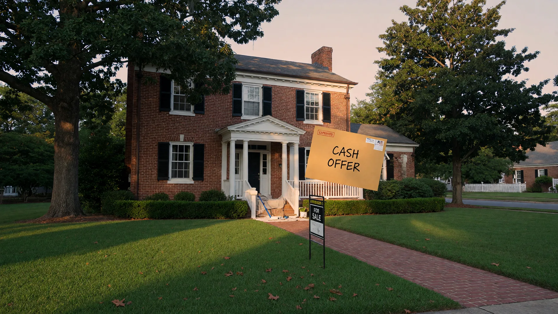 A Maryland colonial house in a quiet suburban neighborhood with a For Sale sign, representing the three selling options for an inherited estate property