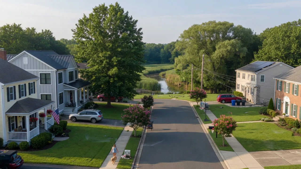 Quiet suburban street in Hainesport NJ with colonial and contemporary homes, green lawns, and large shade trees in warm morning light