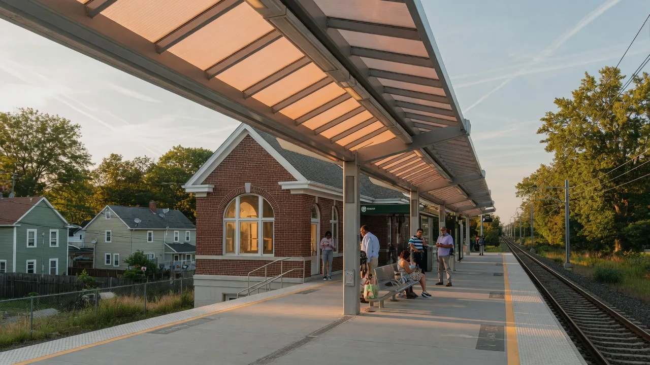 Renovated NJ Transit Bloomfield Station platform with a modern steel-and-glass canopy, waiting commuters, and leafy suburban homes on a warm late-summer afternoon