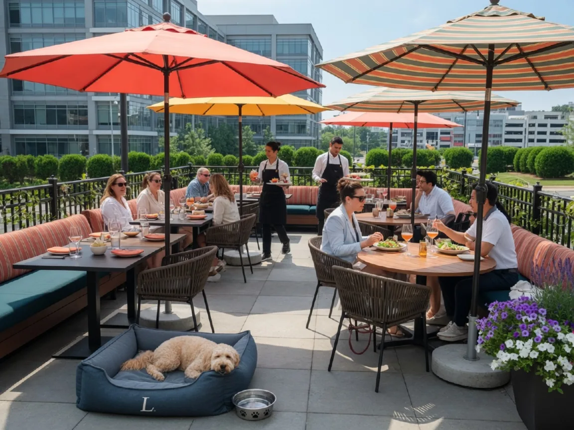 A vibrant outdoor restaurant patio in Tysons Corner, Virginia with stylish bistro seating, market umbrellas, and bright afternoon sunlight with a dog water bowl visible on the patio floor