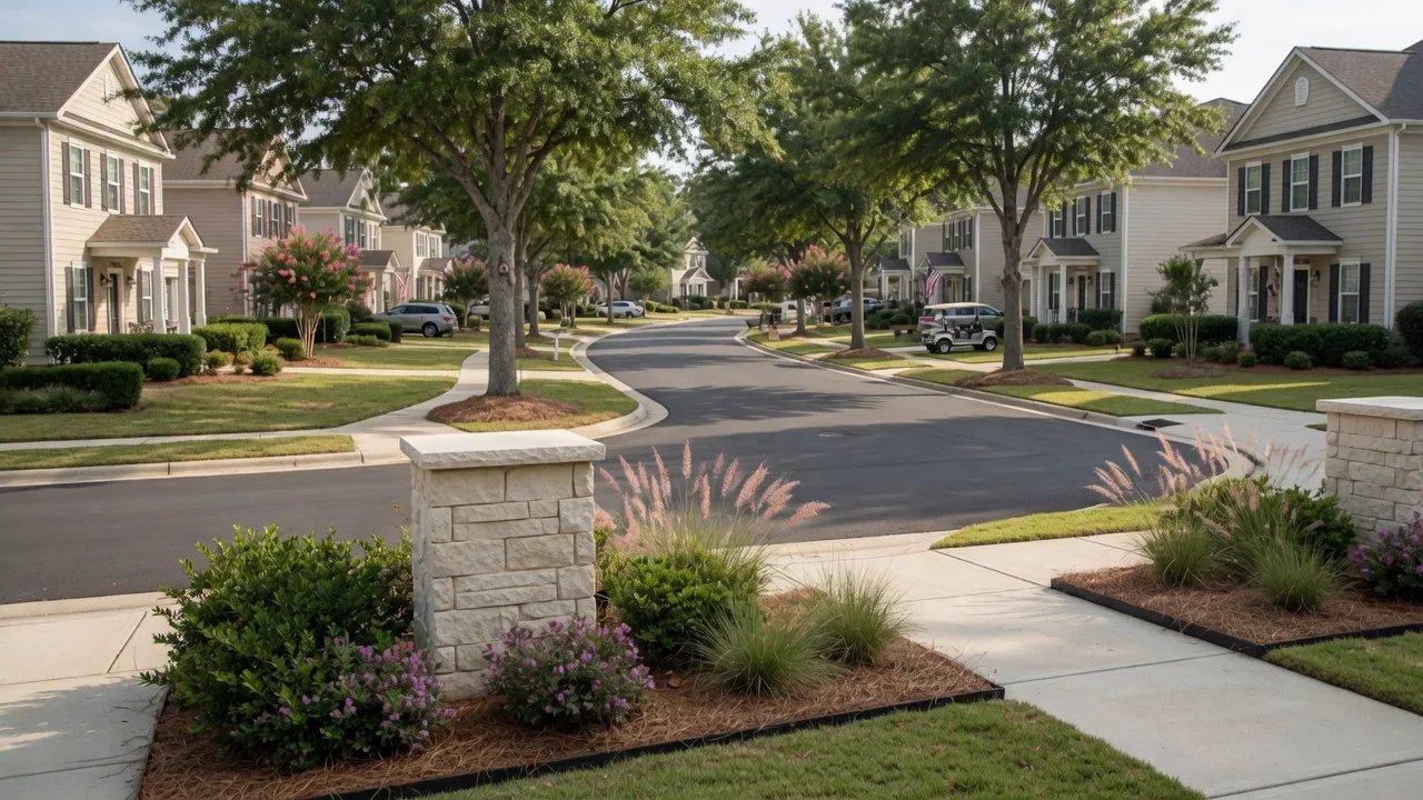 A manicured planned community entrance in an Aiken SC HOA neighborhood with landscaping and sidewalks on a sunny morning