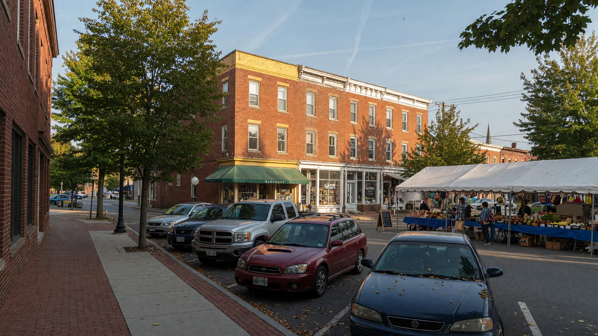 Tree-lined small-town main street in Pennsylvania in September
