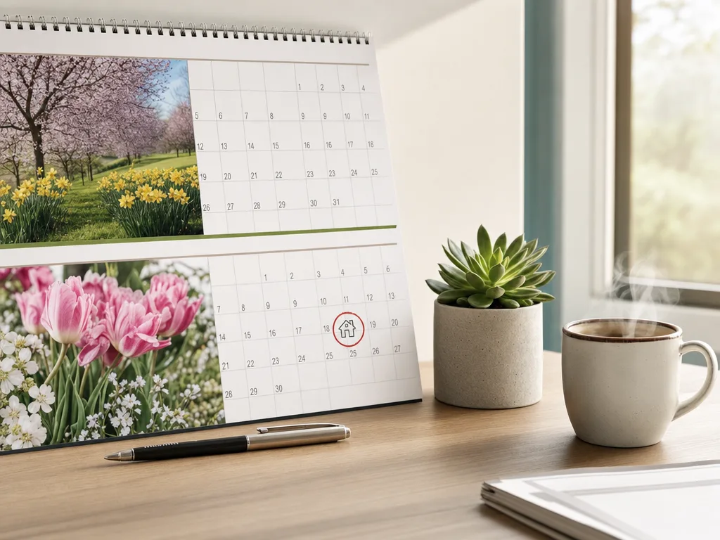 Calendar showing spring months with a house icon circled representing the best time to sell a home in South Florida