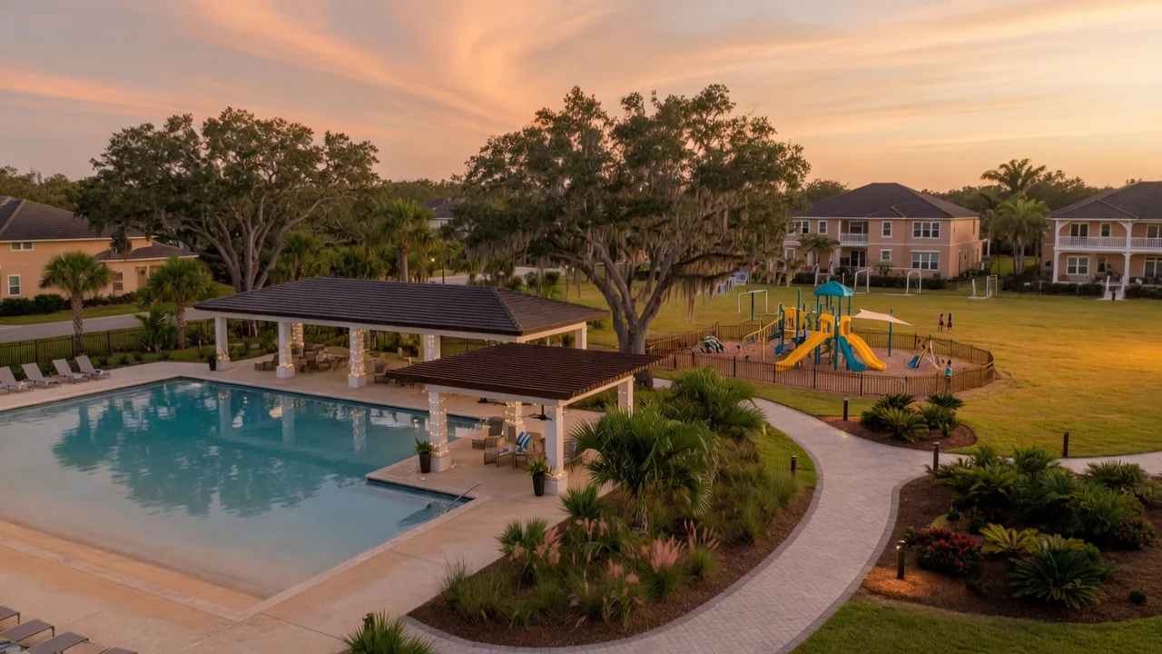 A golden-hour view of a new Florida community amenity campus: a resort-style pool with a covered cabana, a paved walking trail, a playground on the lawn, and stucco homes in the background.
