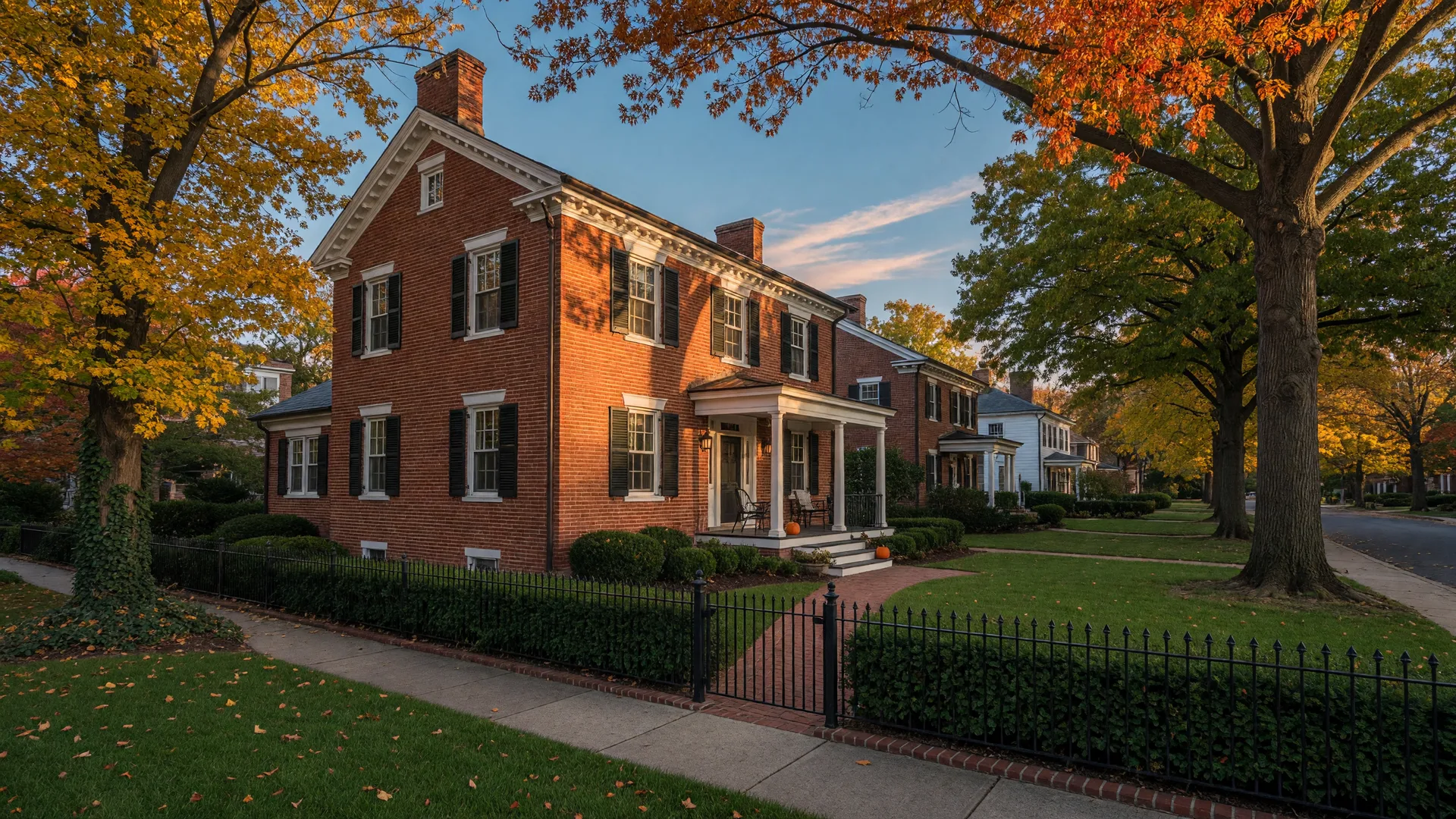 A classic brick colonial home with white trim and a manicured front lawn on a tree-lined Chevy Chase, DC street in warm afternoon light