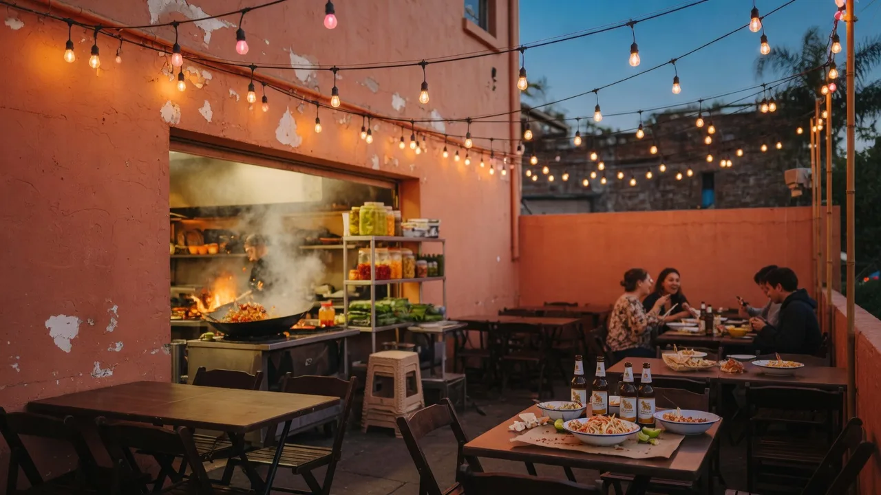A modern Thai street-food patio in Old Town Pasadena at dusk with string lights and an open kitchen glow