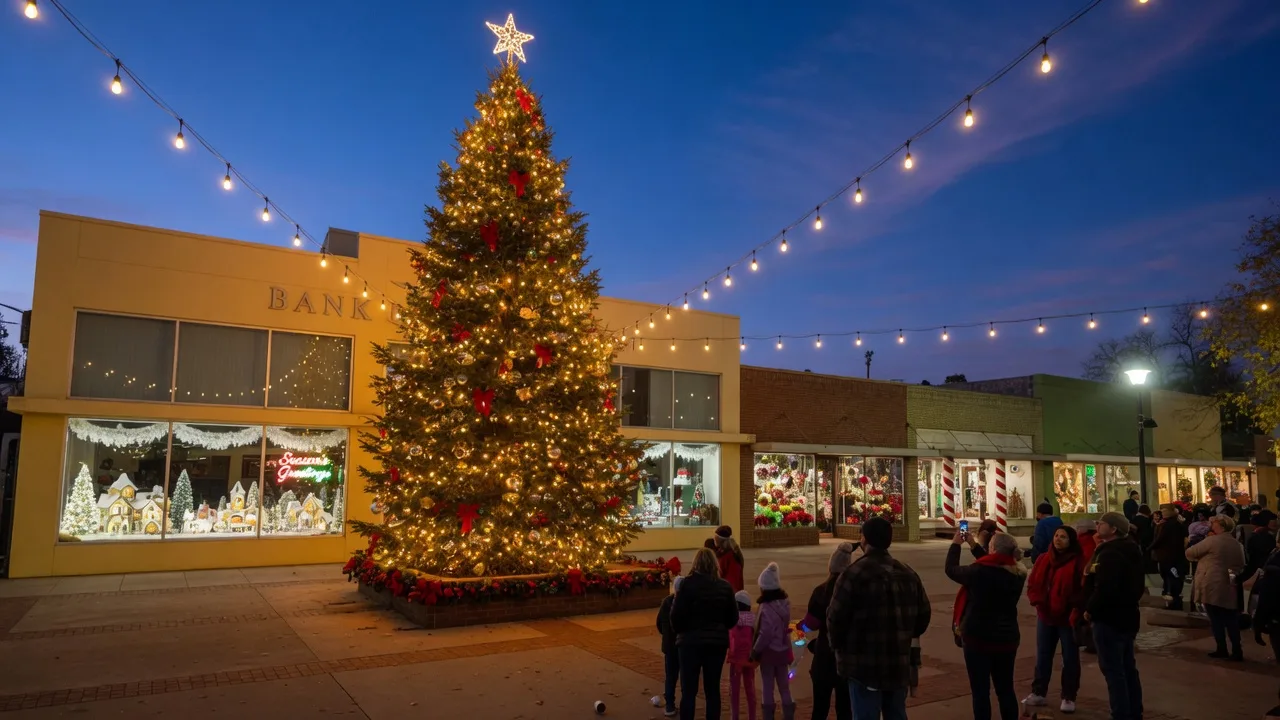 A small-town California holiday tree lighting at dusk with a tall decorated conifer glowing in a downtown plaza and lit storefronts behind it