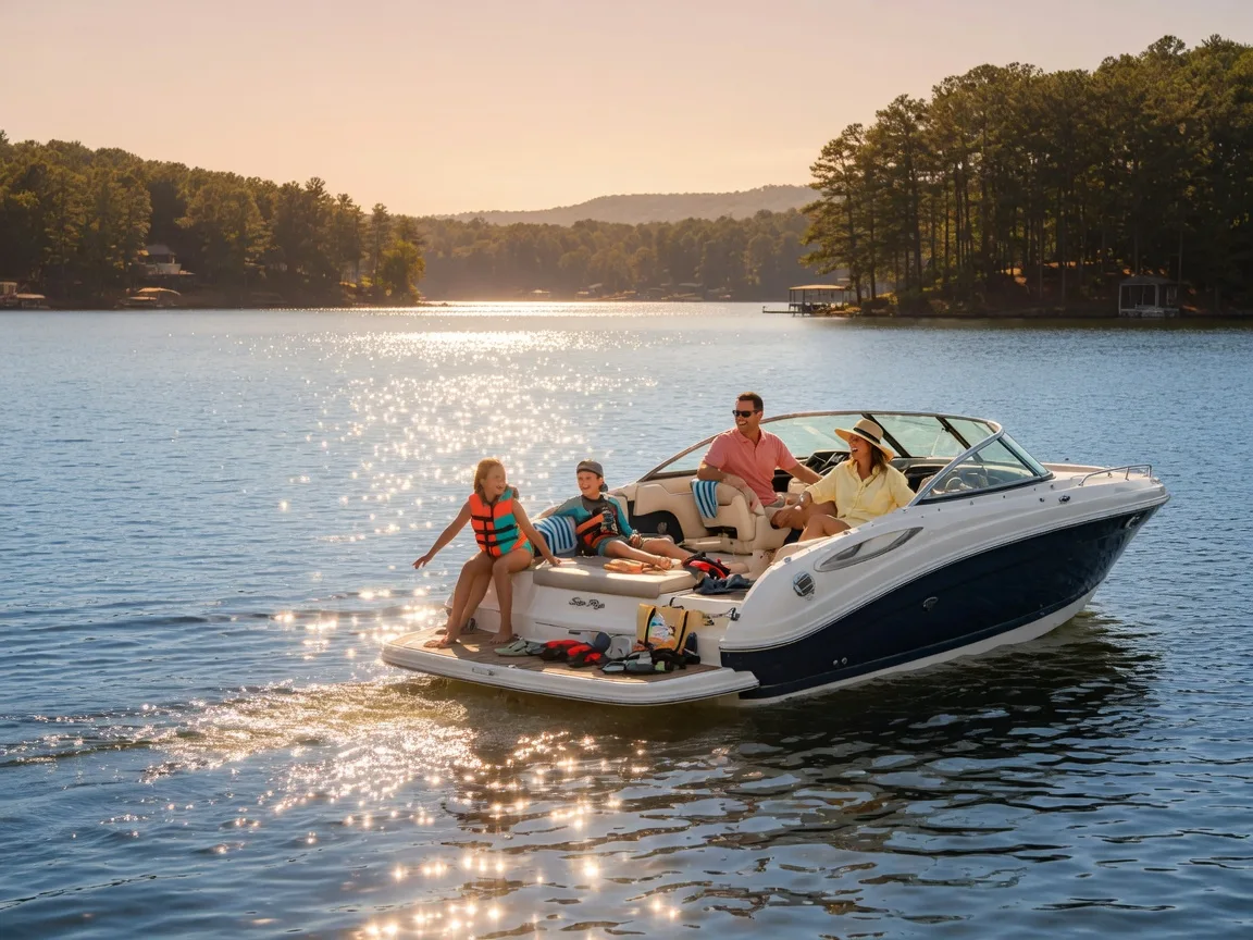 Family boat cruising on Lake Norman on a late summer afternoon with golden sunlight sparkling on calm blue water and pine-covered shoreline in the distance