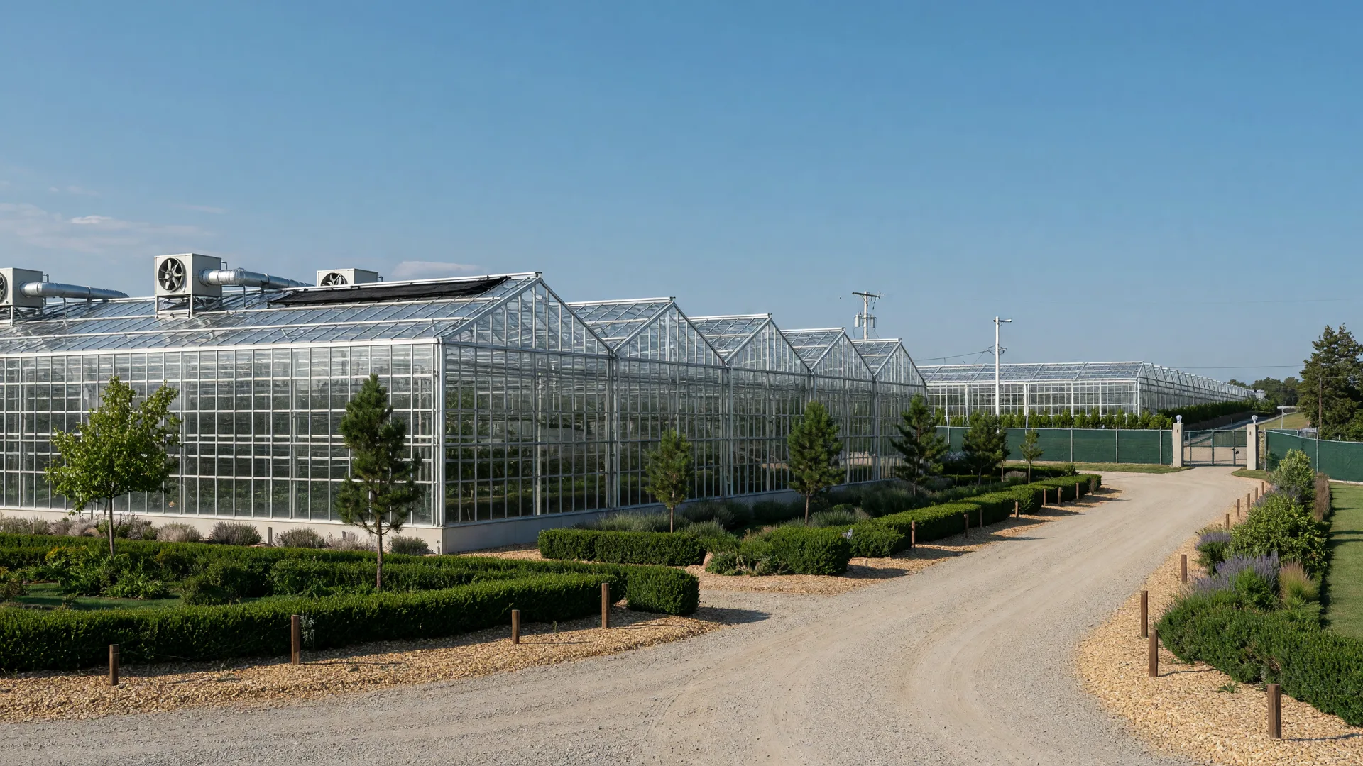 Large-scale commercial cannabis greenhouse facility on a sunny day