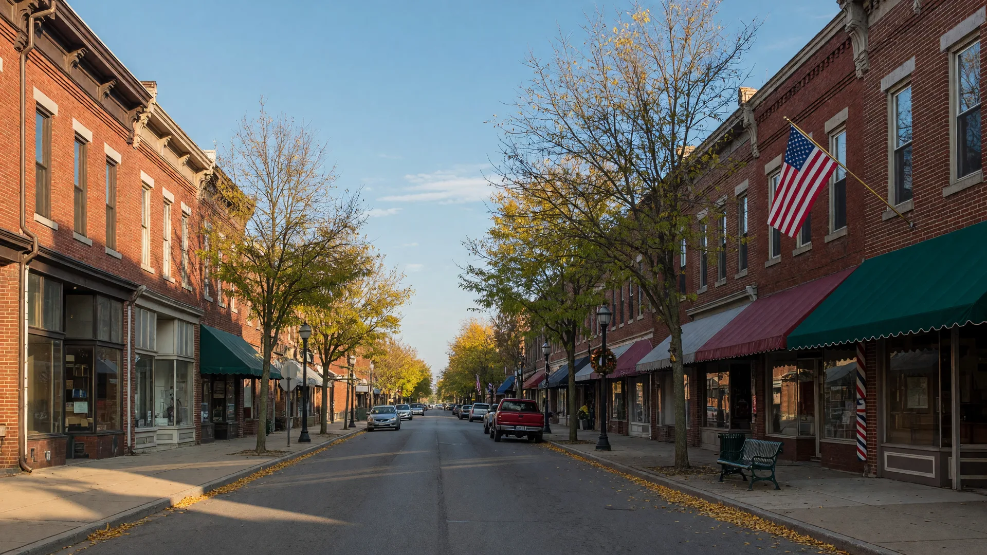 Downtown Indiana, PA main street on a crisp early autumn morning