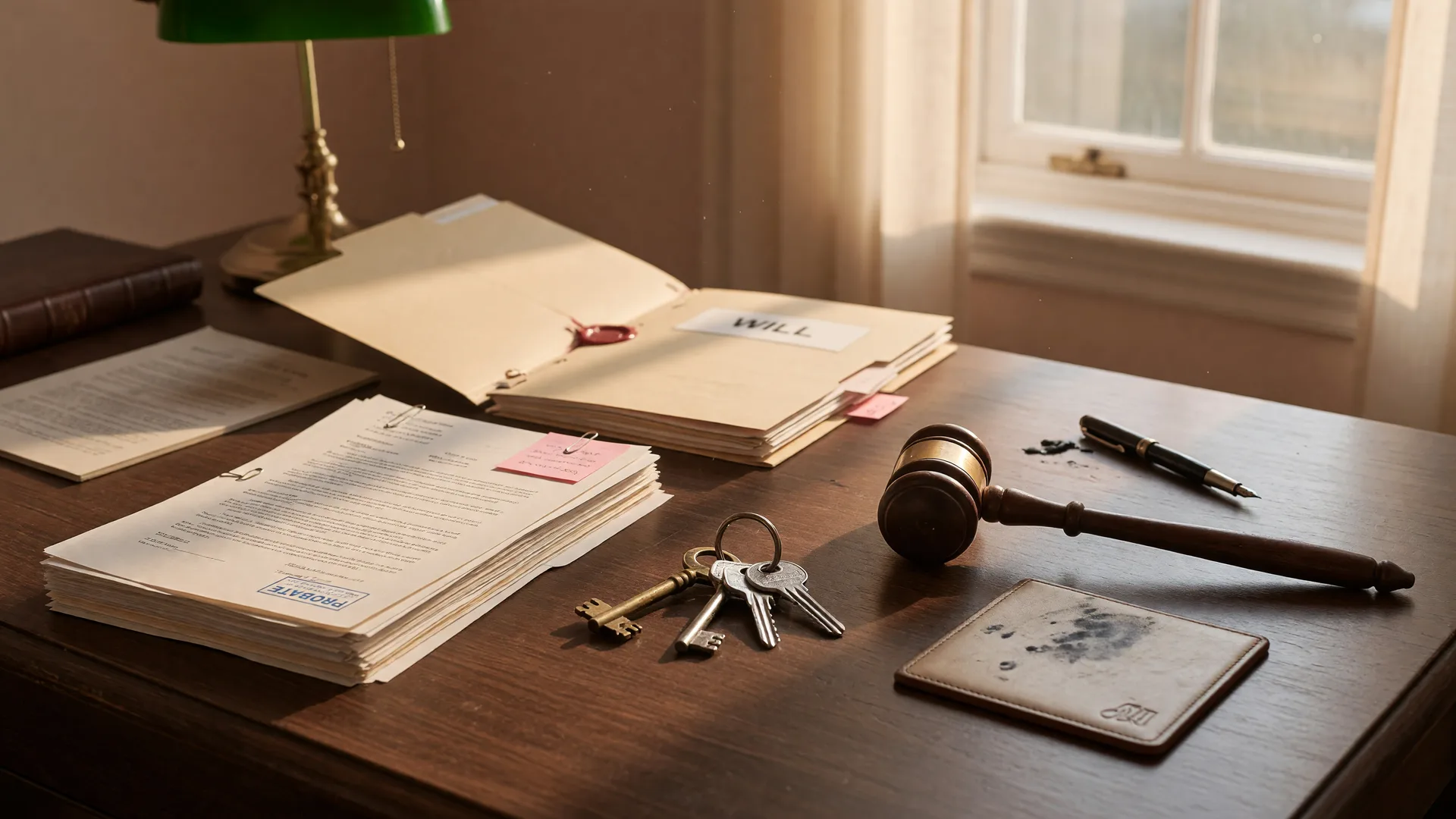 A lawyer desk with probate documents, a will folder, house keys, and a wooden gavel in warm natural light