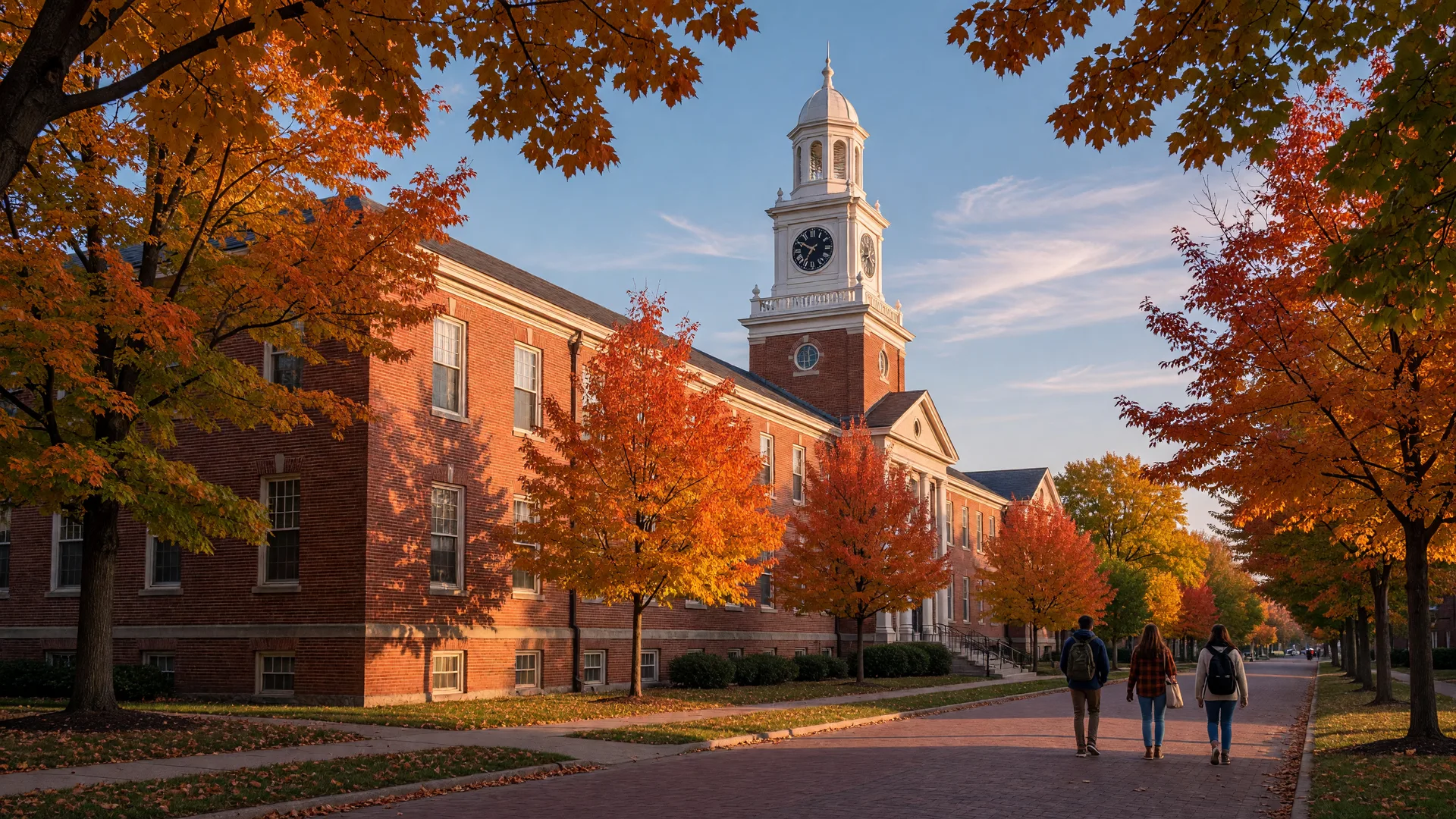 Red brick Miami University academic buildings with a landmark white cupola and clock tower rising above maples turning orange and gold on a tree-lined campus street in Oxford, Ohio in early autumn