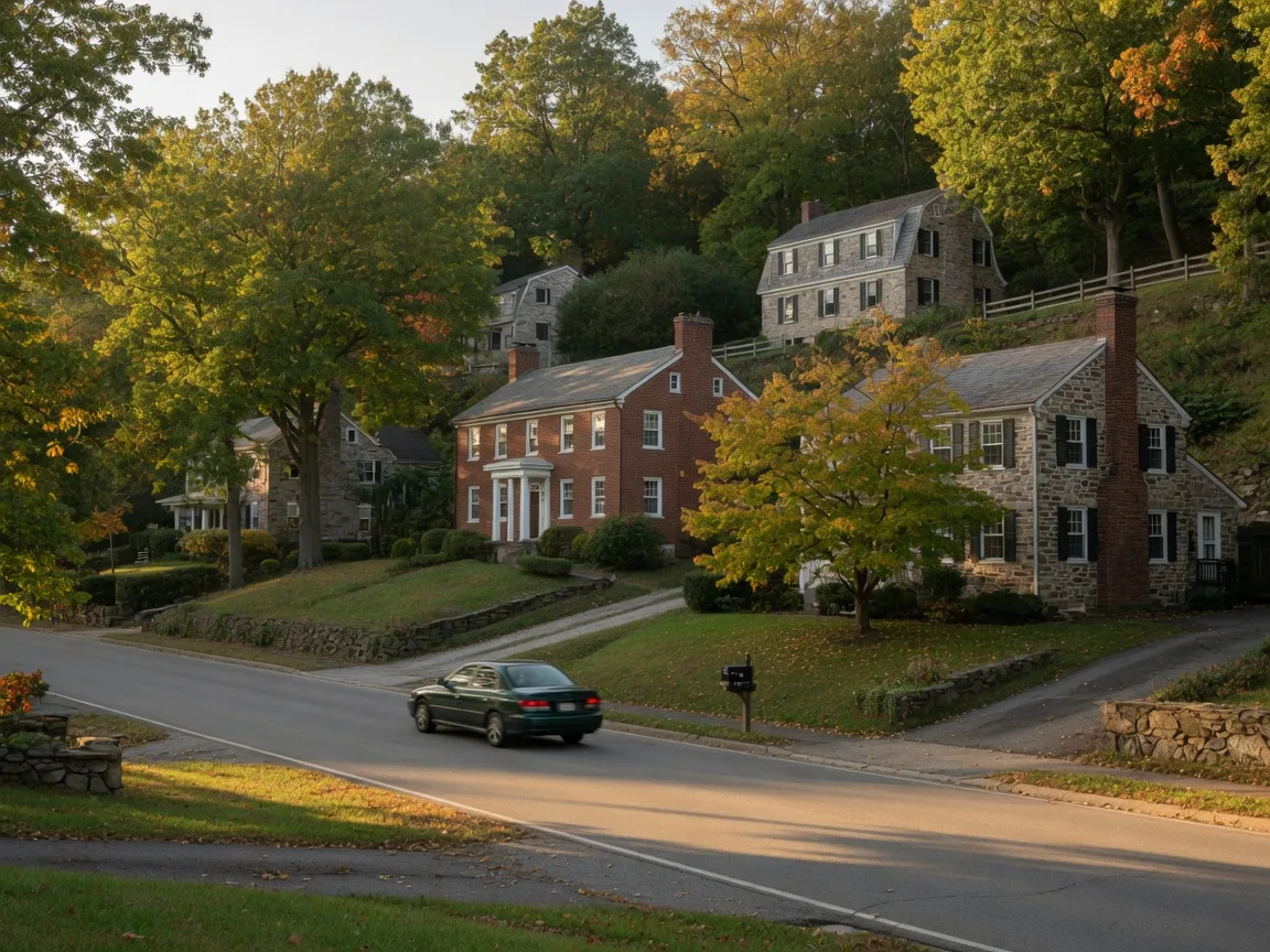 Suburban street in Lafayette Hill, Pennsylvania with stone and brick colonial homes on wooded hillside lots