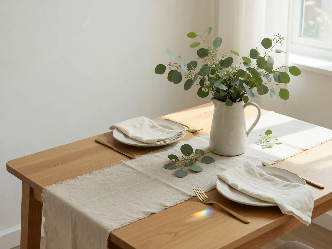 A light-oak dining table styled for a listing with linen and eucalyptus