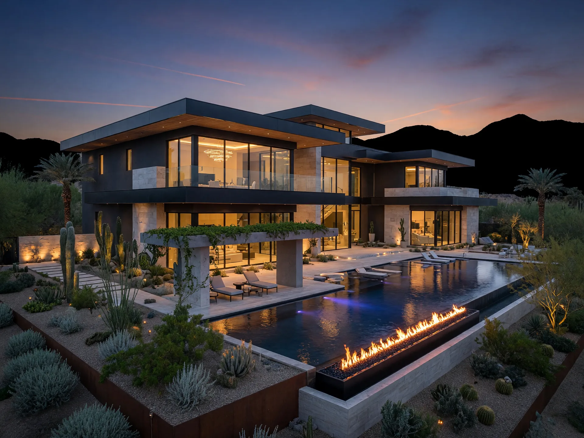 Ultra-luxury Summerlin estate at dusk with an infinity pool and warm light through floor-to-ceiling glass