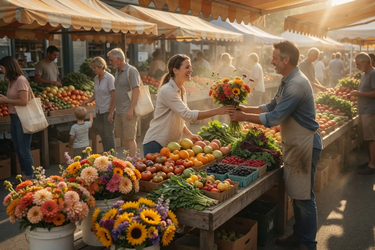 Families at a Victoria farmers market