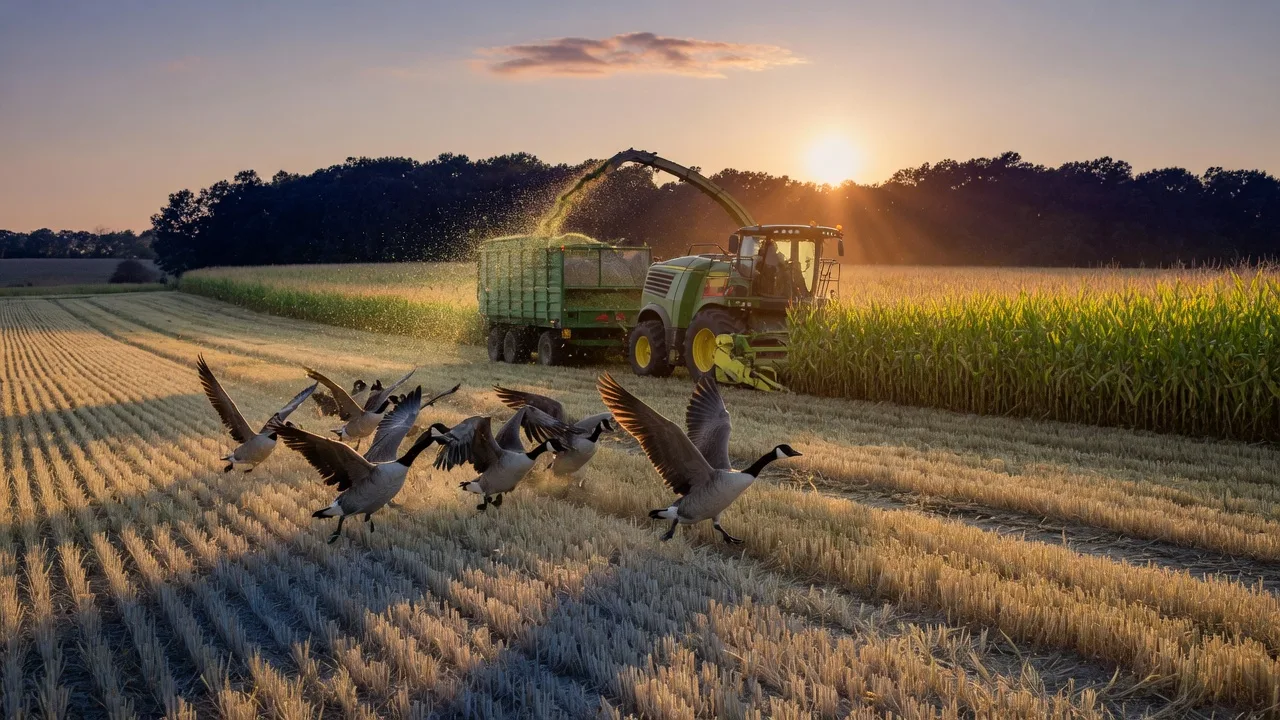 Golden-hour Wisconsin farm scene with a forage harvester working tall corn, silage feeding into a wagon, Canada geese lifting off wheat stubble, and an oak woodlot on the horizon