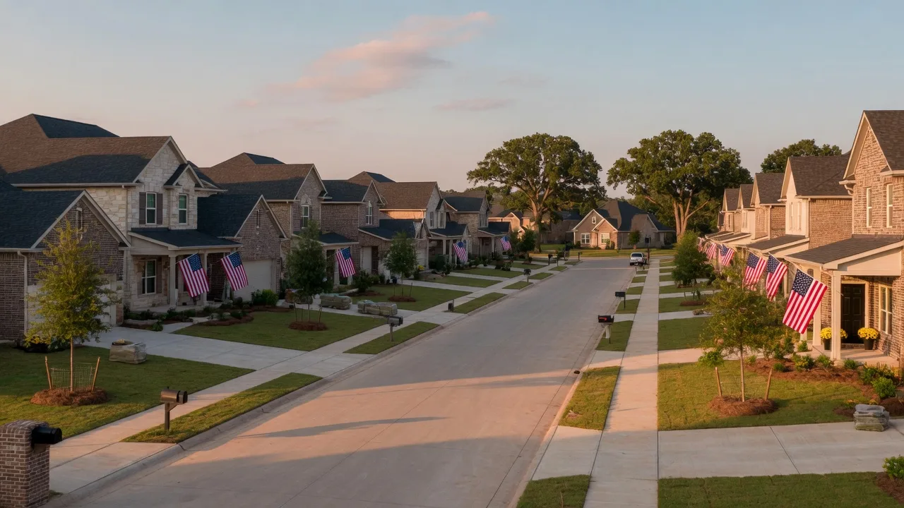 A quiet North Texas master-planned community street at golden hour with new stone-and-brick homes and American flags on front porches