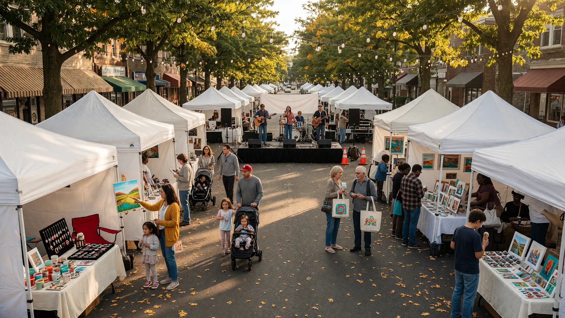 Rows of white art vendor tents stretching down a tree-lined street in downtown Jenkintown, with families browsing artwork and a band playing on a small stage in warm September afternoon light
