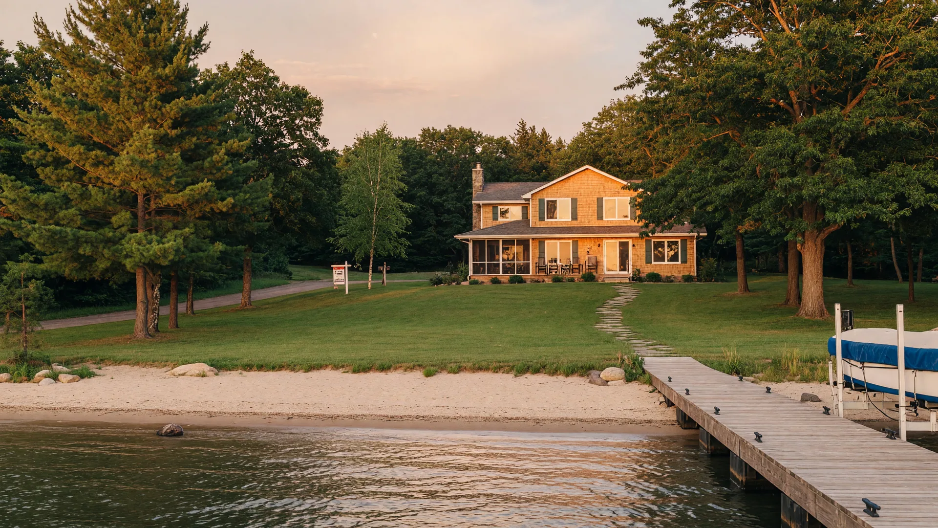 Well-kept Minnesota lake home on a desirable lake seen from the water with a clean dock and boat lift in late afternoon light