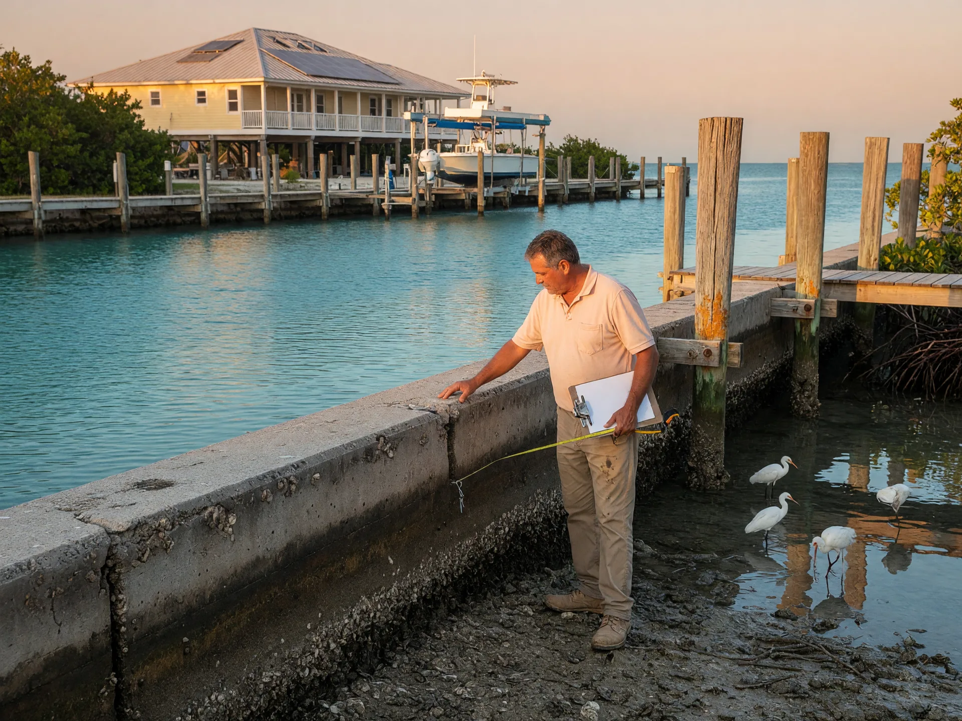 A marine contractor in a polo shirt inspecting a concrete seawall and timber dock at a Florida Keys waterfront at low tide at golden hour, clipboard and measuring tape in hand, an elevated metal-roofed Keys home with a boat lift in the background, calm turquoise canal water