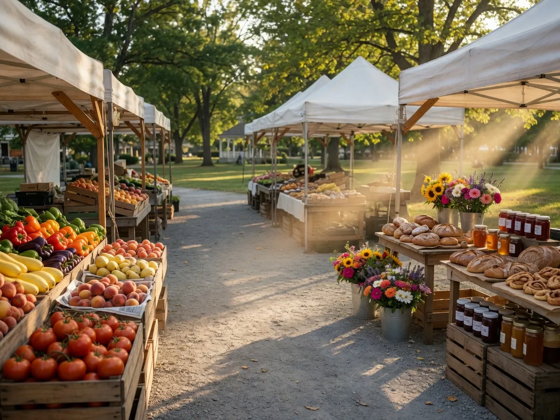 Farmers market stalls with fresh produce and baked goods in Fort Mill South Carolina