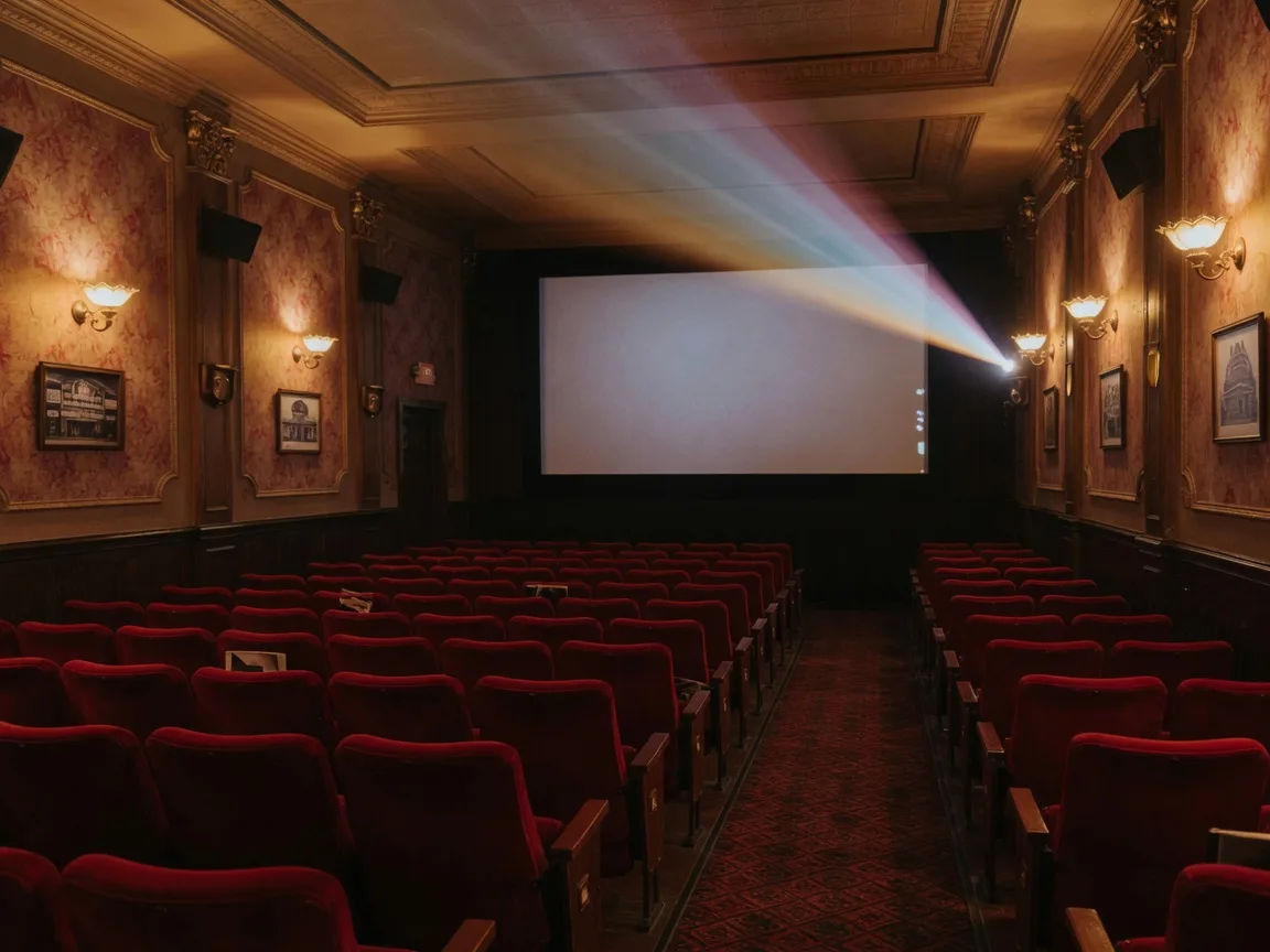 The interior of an elegant art-house cinema in Philadelphia, plush red velvet seats in rows facing a softly lit screen with warm amber sconces glowing along the walls