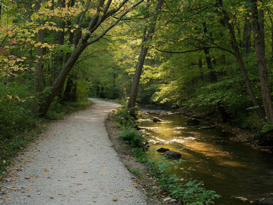 The crushed-stone woodland trail of Forbidden Drive beside the Wissahickon Creek, minutes from Chestnut Hill homes