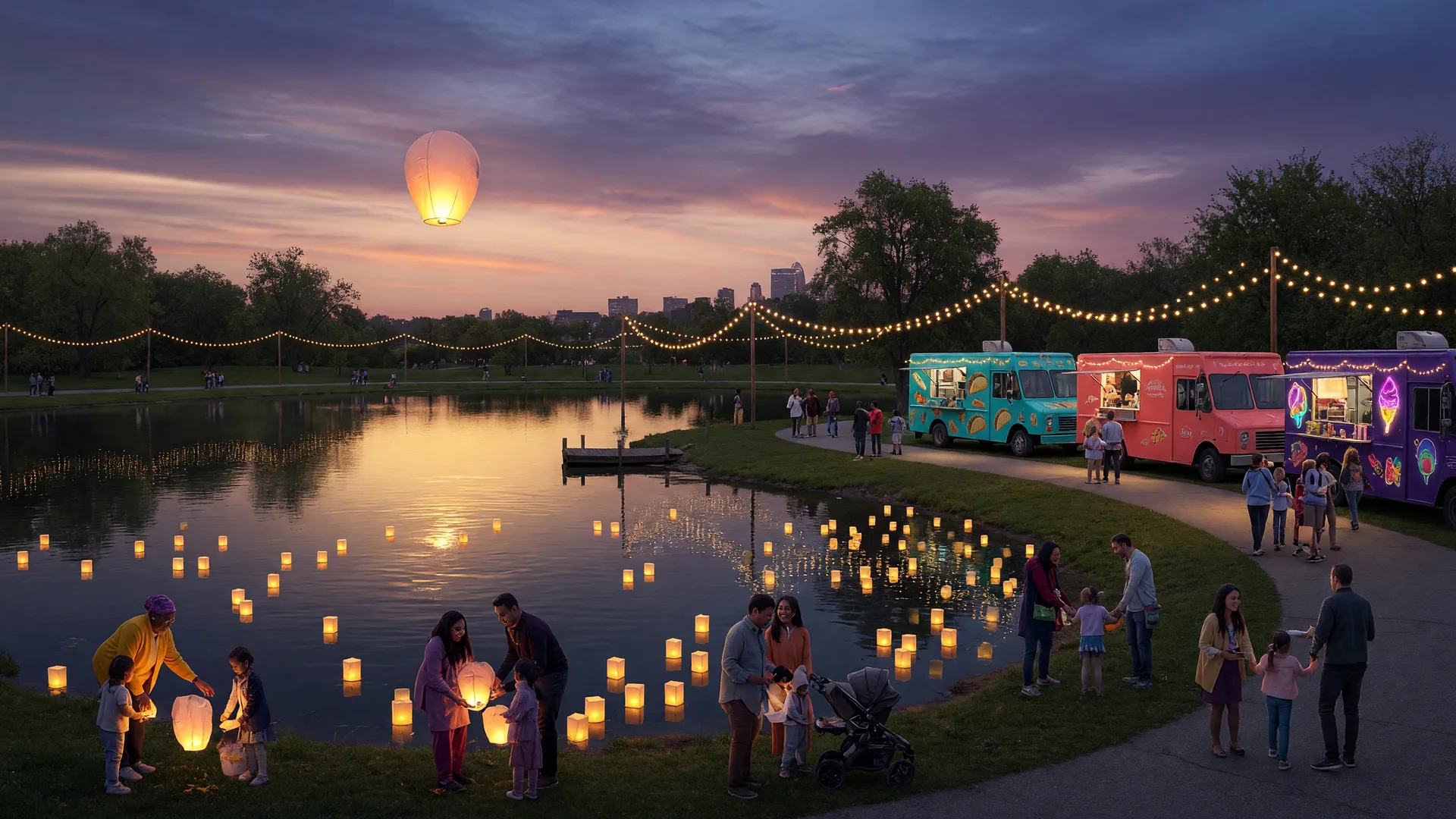 Glowing floating lanterns drifting across a calm lake at twilight with families gathered on the shore