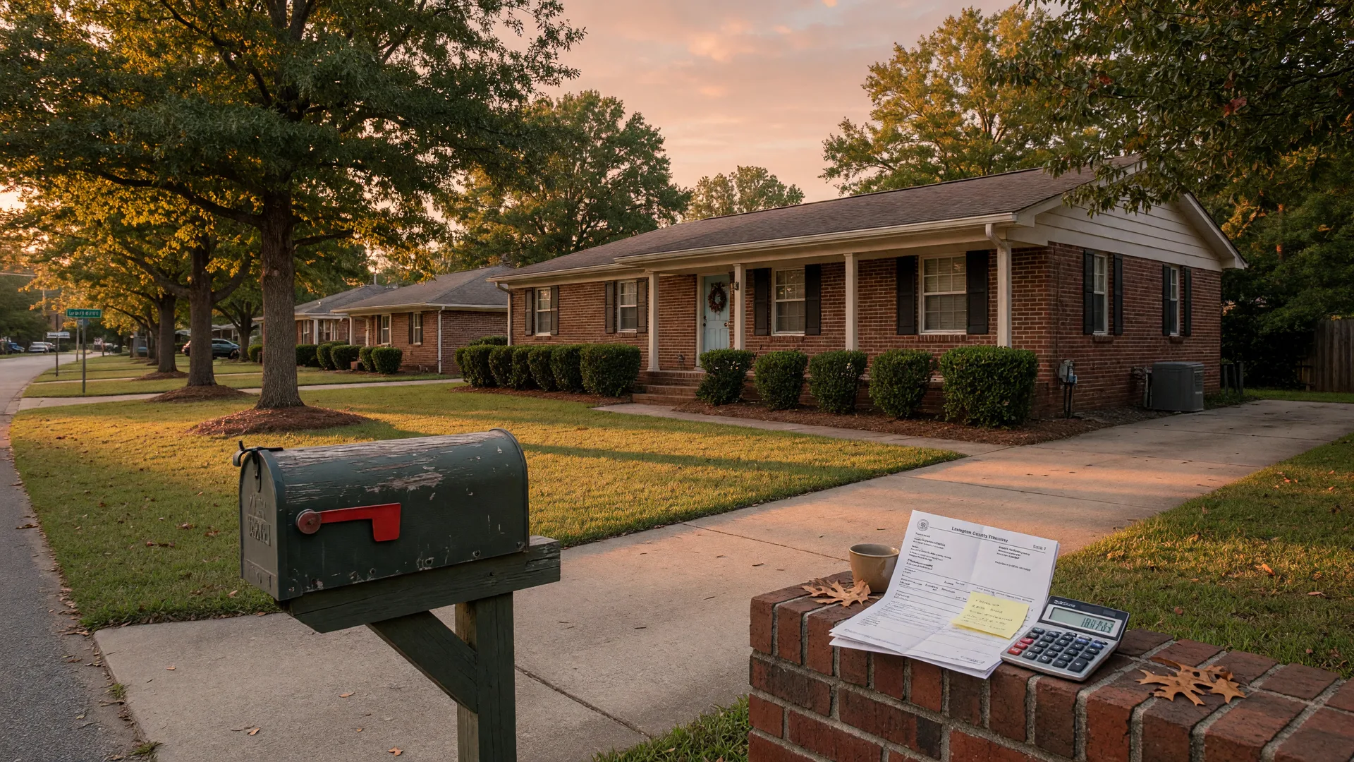 A brick ranch home in Lexington, South Carolina at golden hour, with a wooden mailbox and a property tax statement and calculator on the porch railing