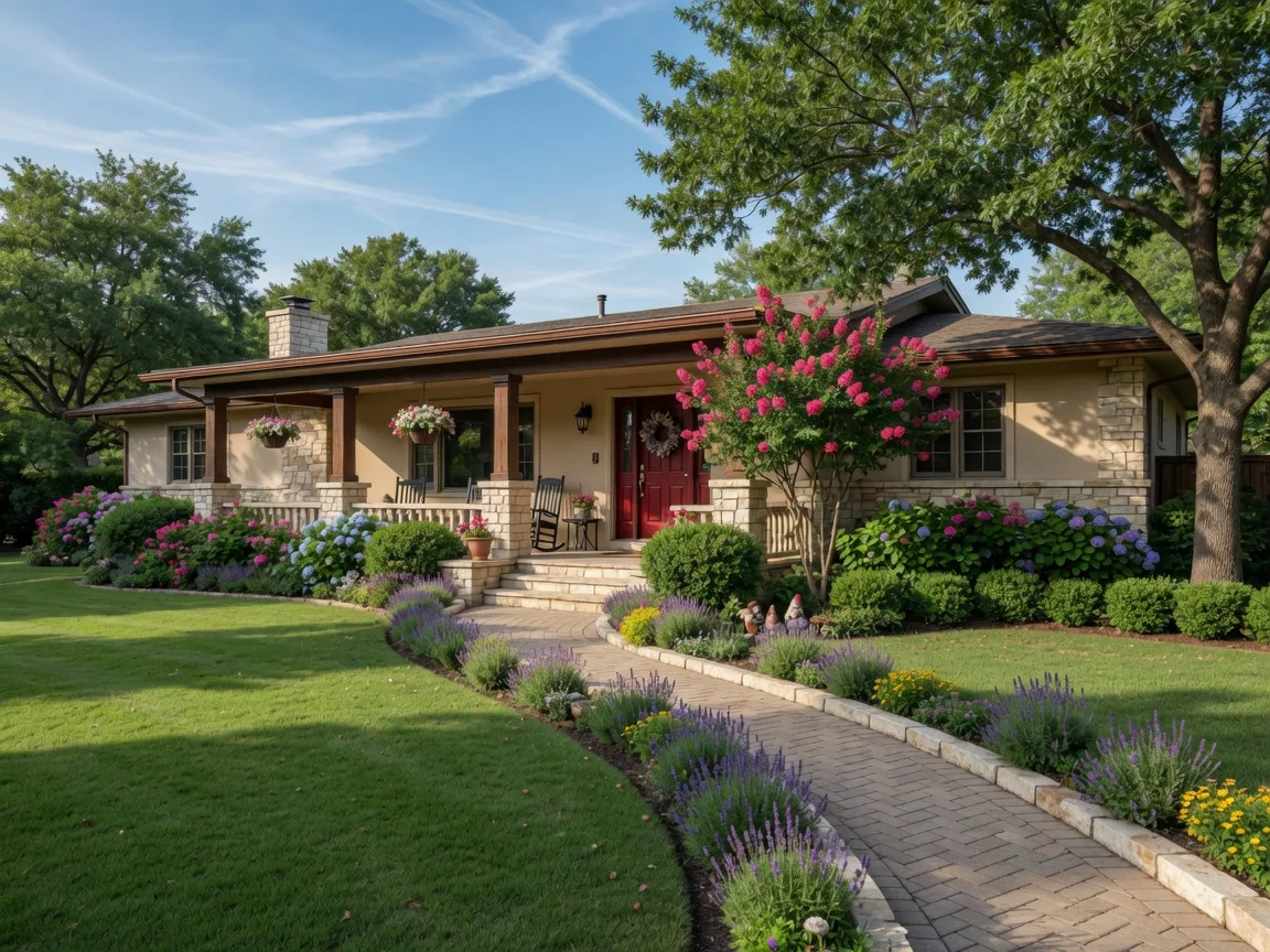 Beautiful single-story ranch home with stone accents and mature landscaping
