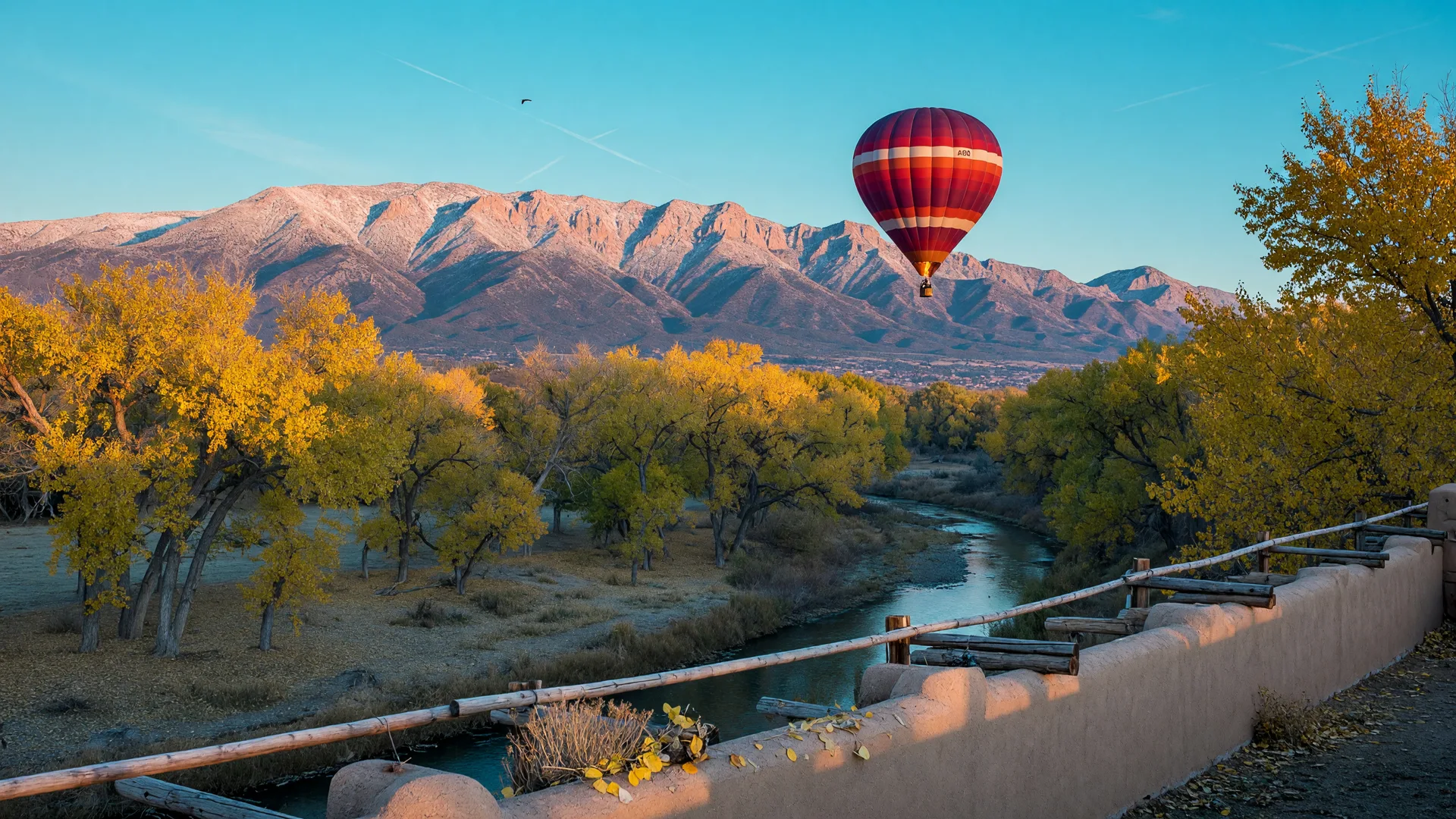A late-October sunrise over Albuquerque, pink light on the snow-dusted Sandia Mountains, golden cottonwoods along the Rio Grande bosque, and a single hot air balloon drifting over the valley