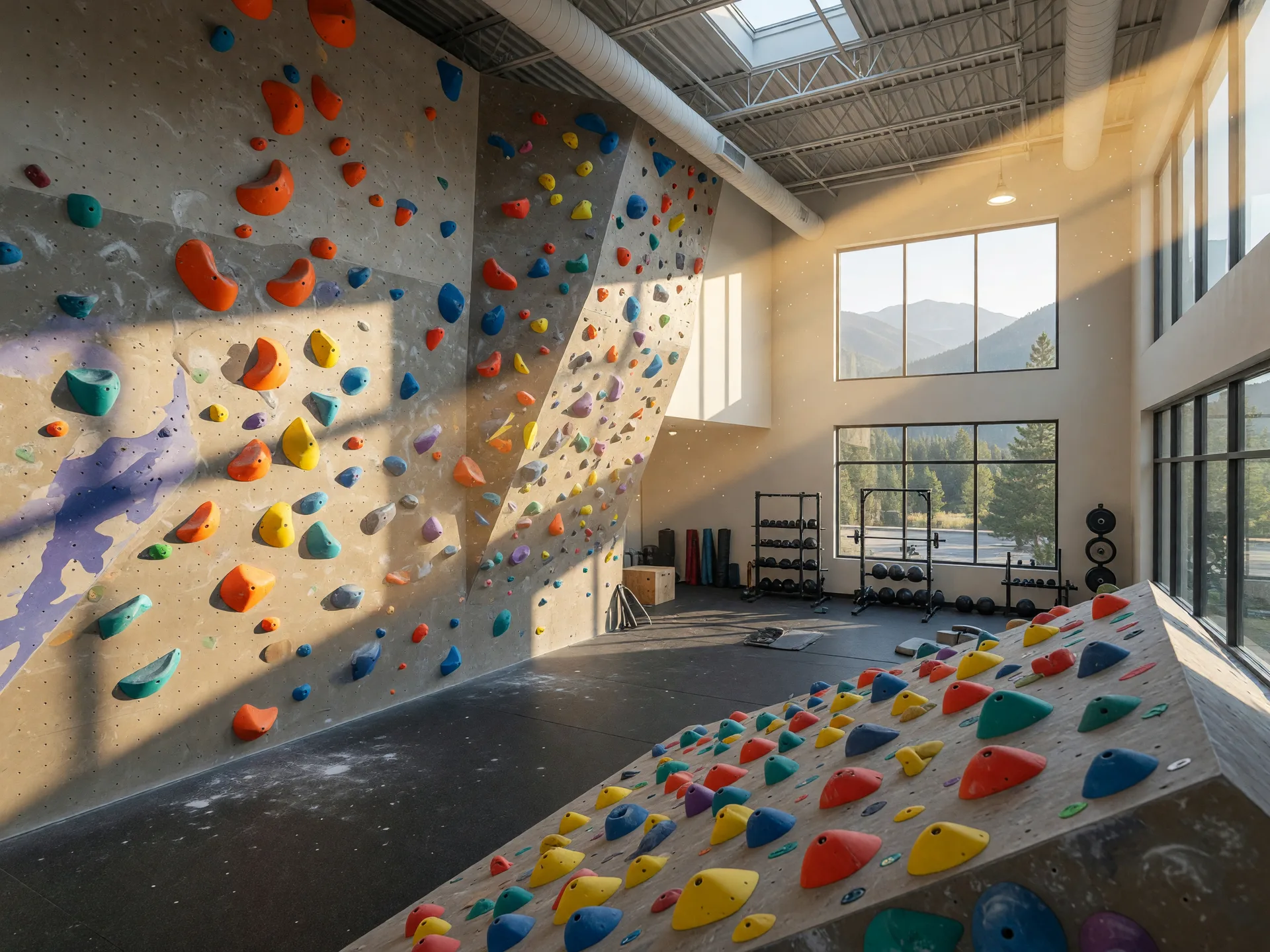 The tall, sunlit climbing walls at G1 Climbing + Fitness in Broomfield, Colorado