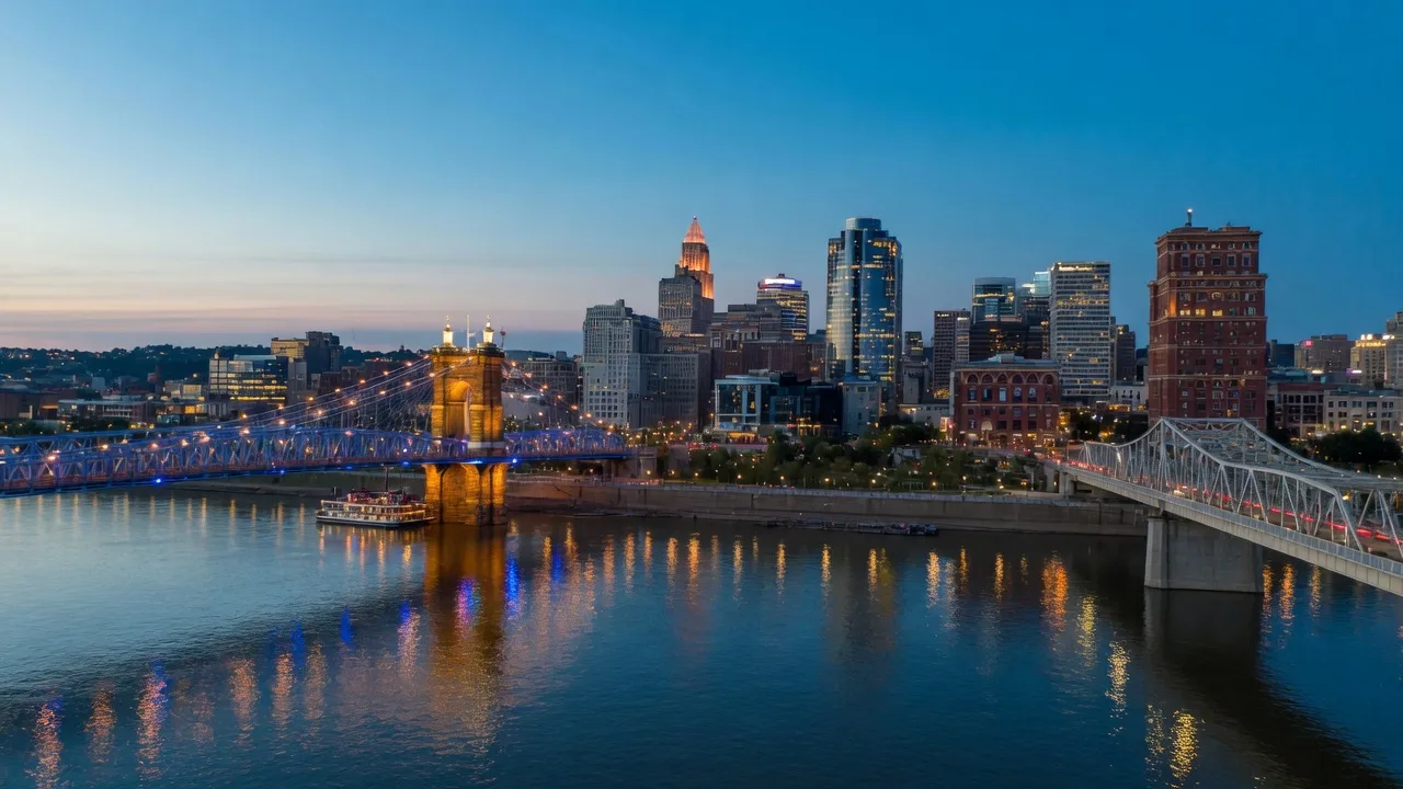 Dusk view of the downtown Cincinnati Ohio skyline along the Ohio River with glowing riverfront bridges reflecting on the water