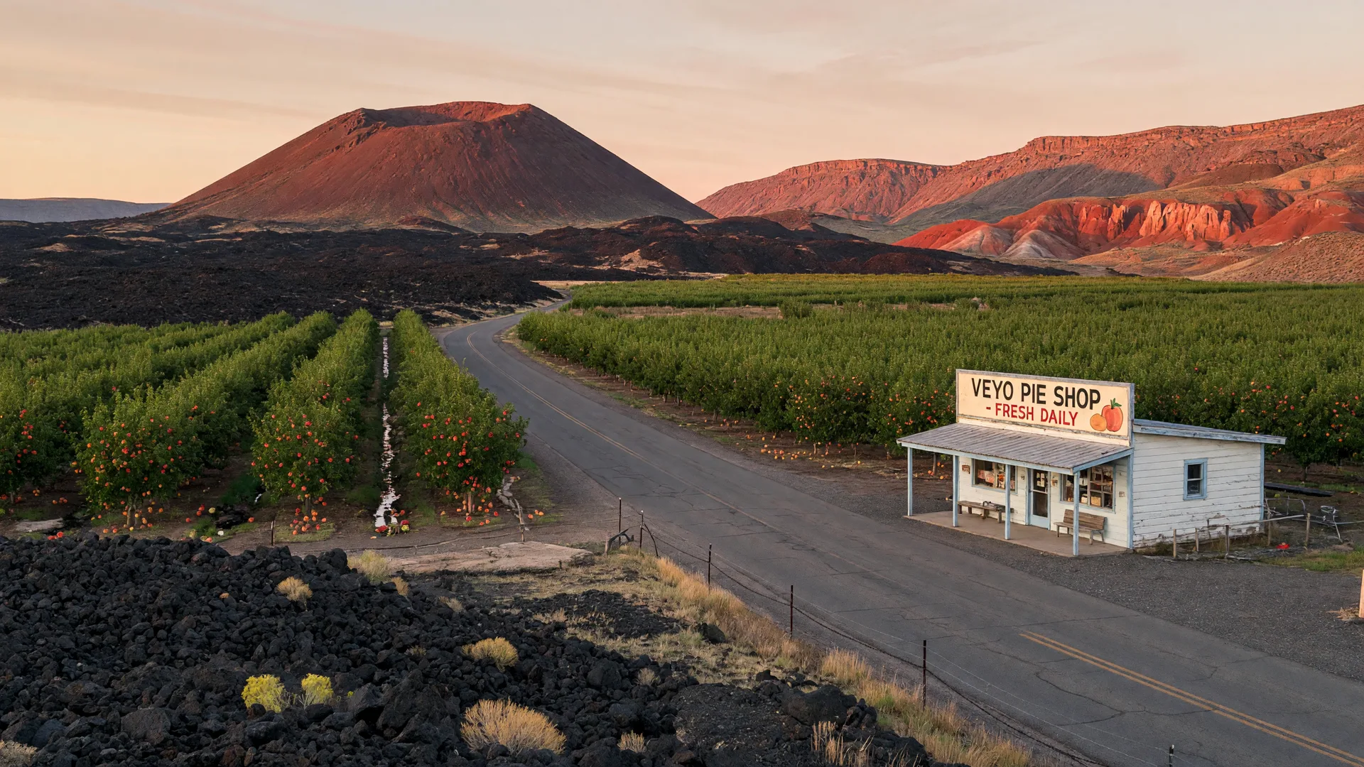 AI-rendered concept image of Veyo's orchard country road with the roadside pie shop and lava fields beyond
