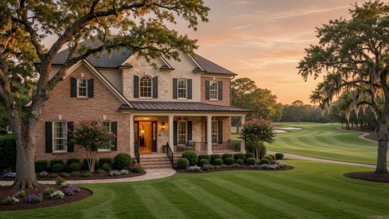 Elegant brick and stone Georgia home with an open front door welcoming a new owner at golden hour, golf course fairway visible behind, representing first-time home buyer programs in 2026