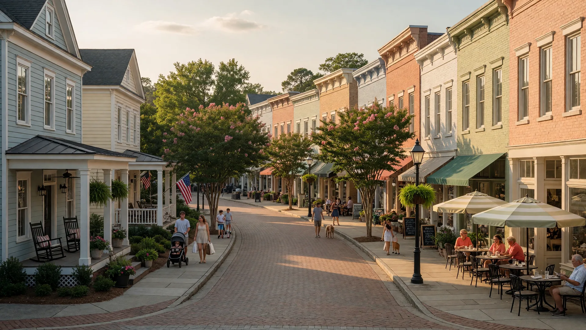 The walkable town center and front-porch homes of Baxter Village in Fort Mill, South Carolina