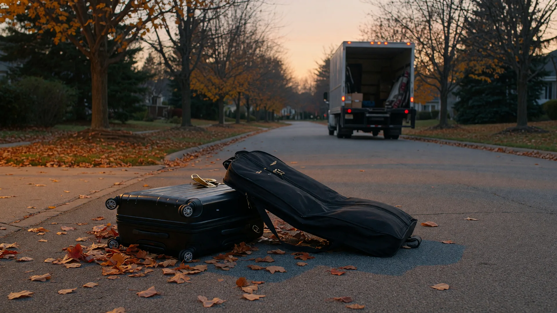 An airline pilot's suitcase and garment bag on a quiet driveway at dawn with a moving truck visible in the distance