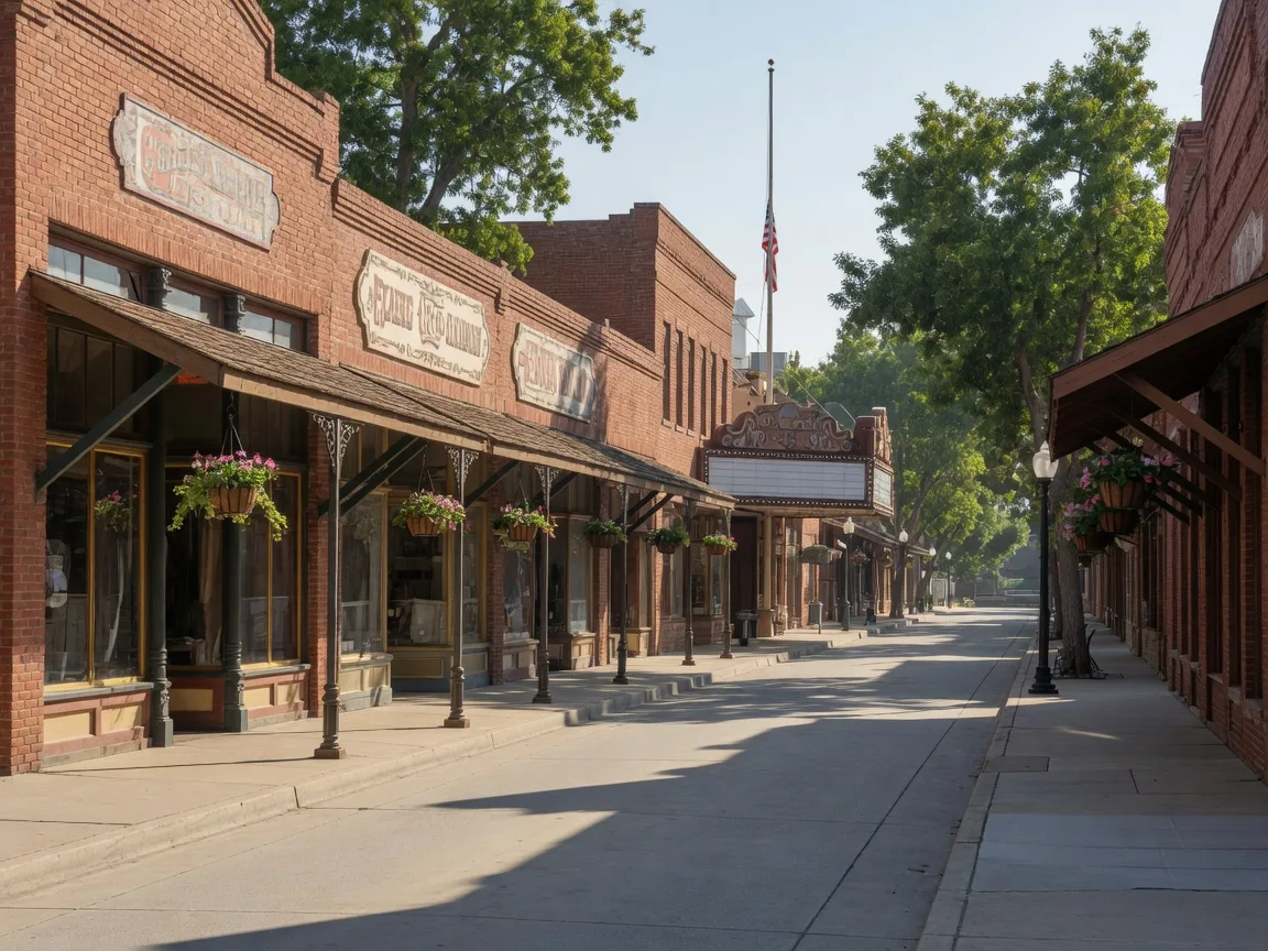 Preserved red-brick storefronts with wooden awnings in Old Town Clovis