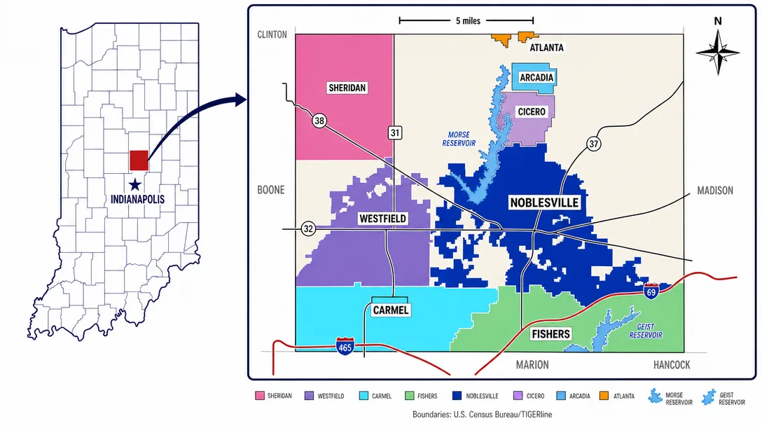Hamilton County Indiana map infographic showing the towns of Carmel, Fishers, Noblesville, Westfield, Cicero, Sheridan, and Arcadia