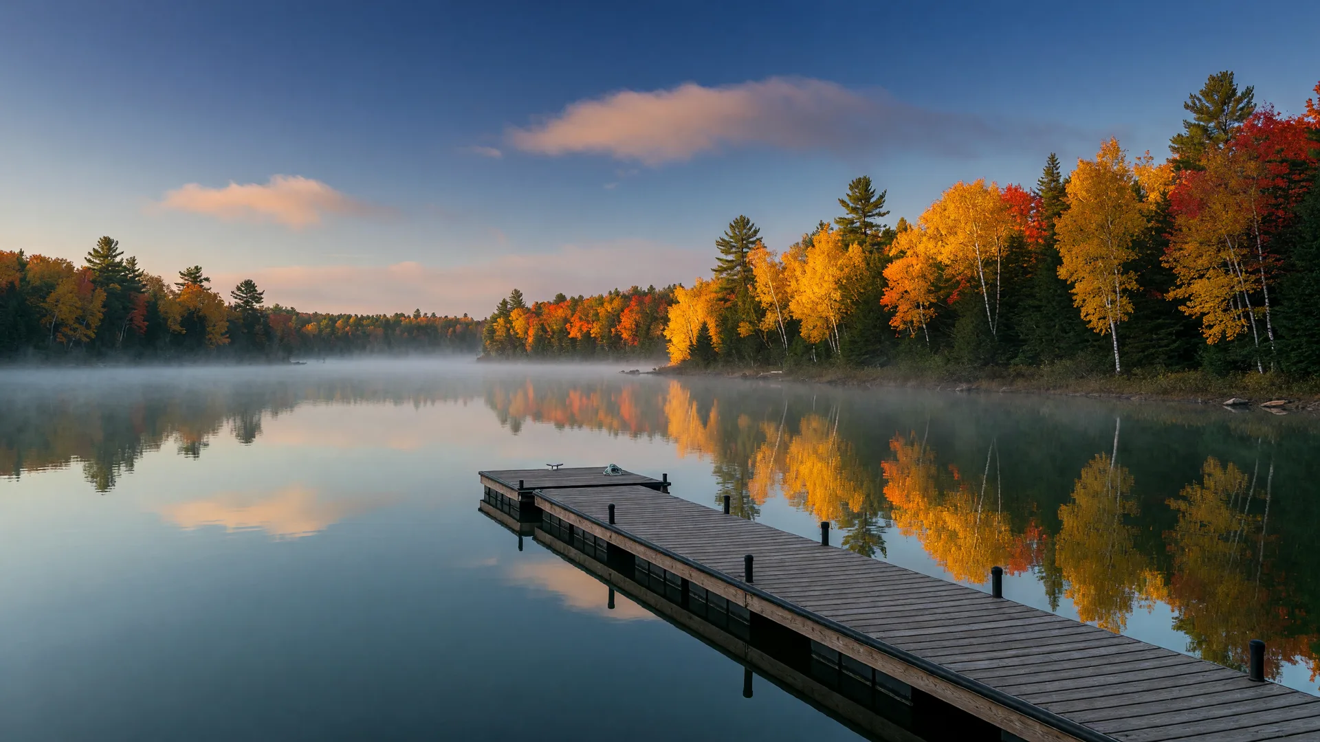A central Minnesota lake at first light in mid-October with peak fall color along the shoreline, a wooden dock in still water, and mist over the lake