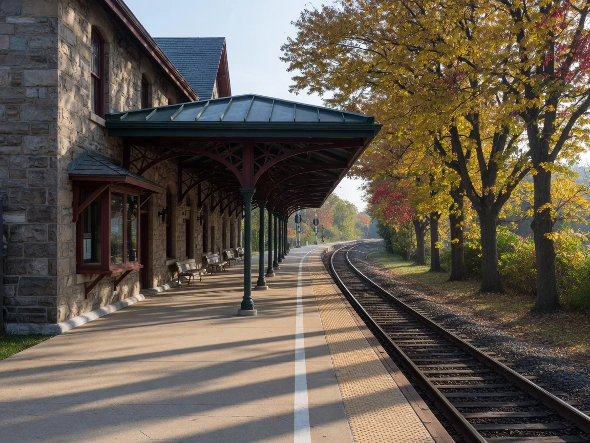 Bryn Mawr SEPTA Regional Rail station platform with amber autumn trees alongside the tracks