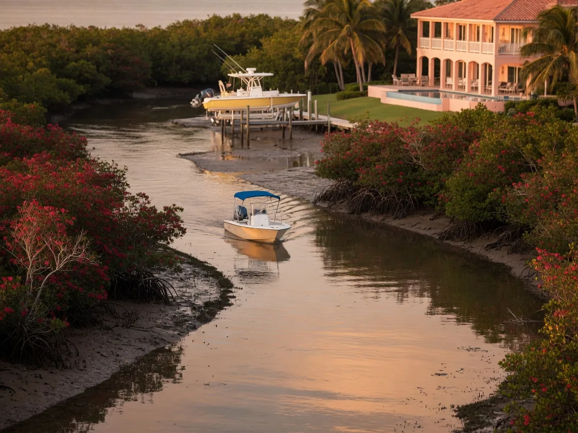 Tavernier Creek at low tide with a small boat navigating the narrow channel, mangroves on both sides, and a luxury estate visible through the trees in late afternoon golden light