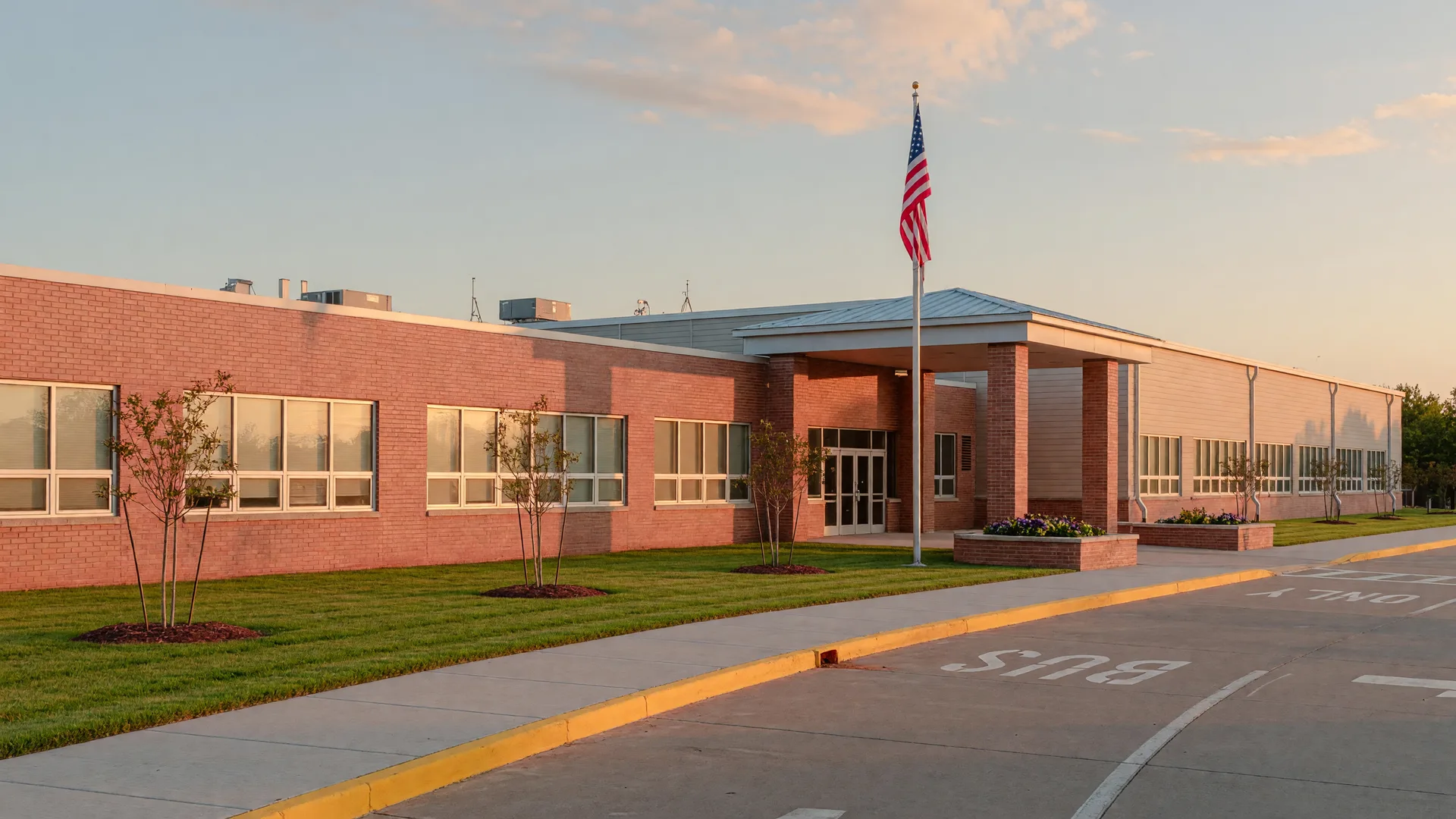 Welcoming modern suburban elementary school campus in Oklahoma with a covered entry, American flag, and broad windows in warm morning light